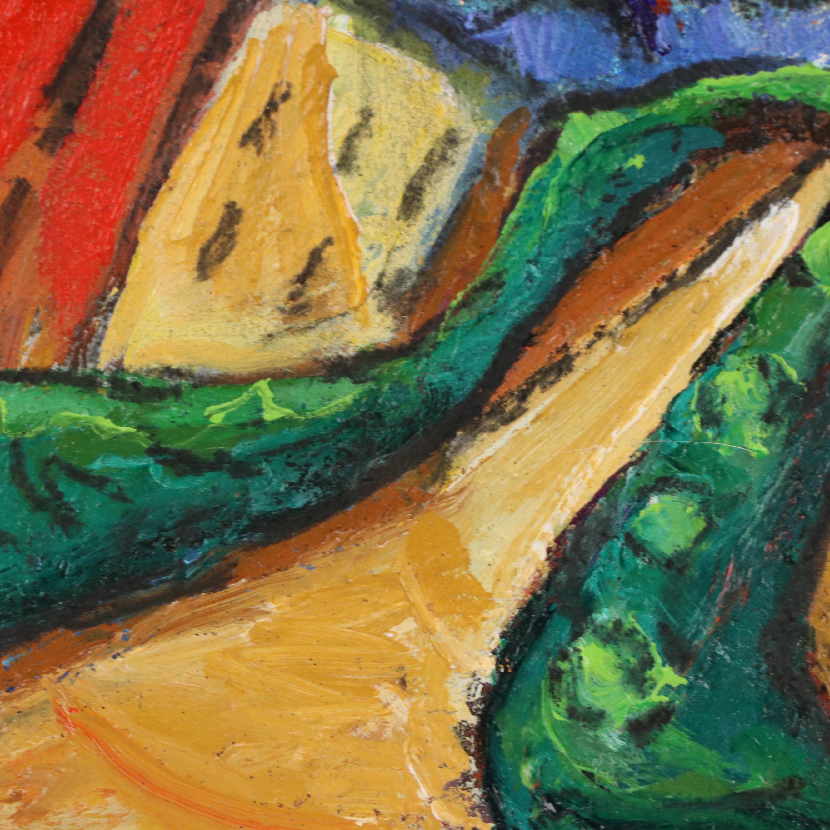 Ann Harrod Stylized Acrylic Painting of Village "Sideways," 21st Century