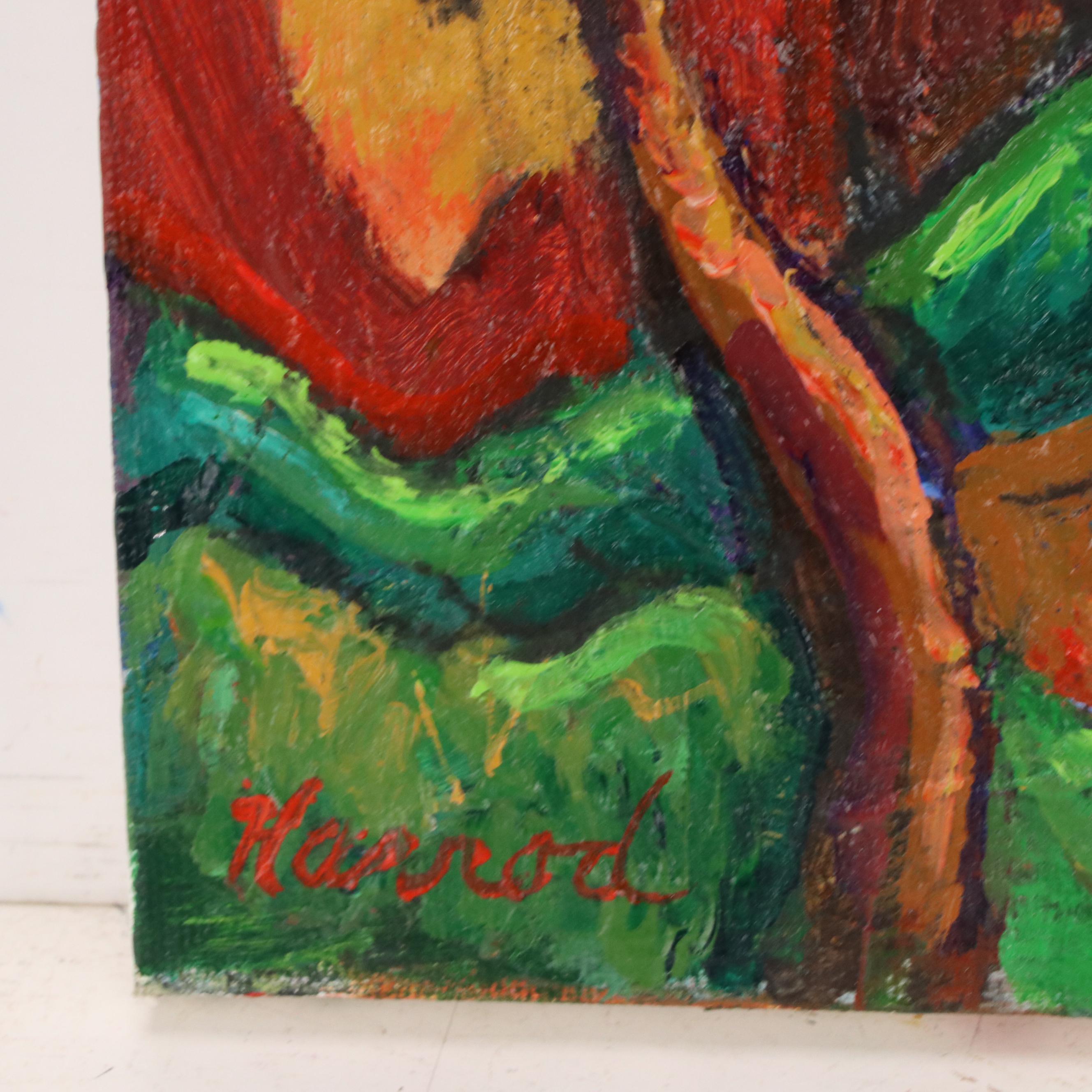 Ann Harrod Stylized Acrylic Painting of Village "Sideways," 21st Century