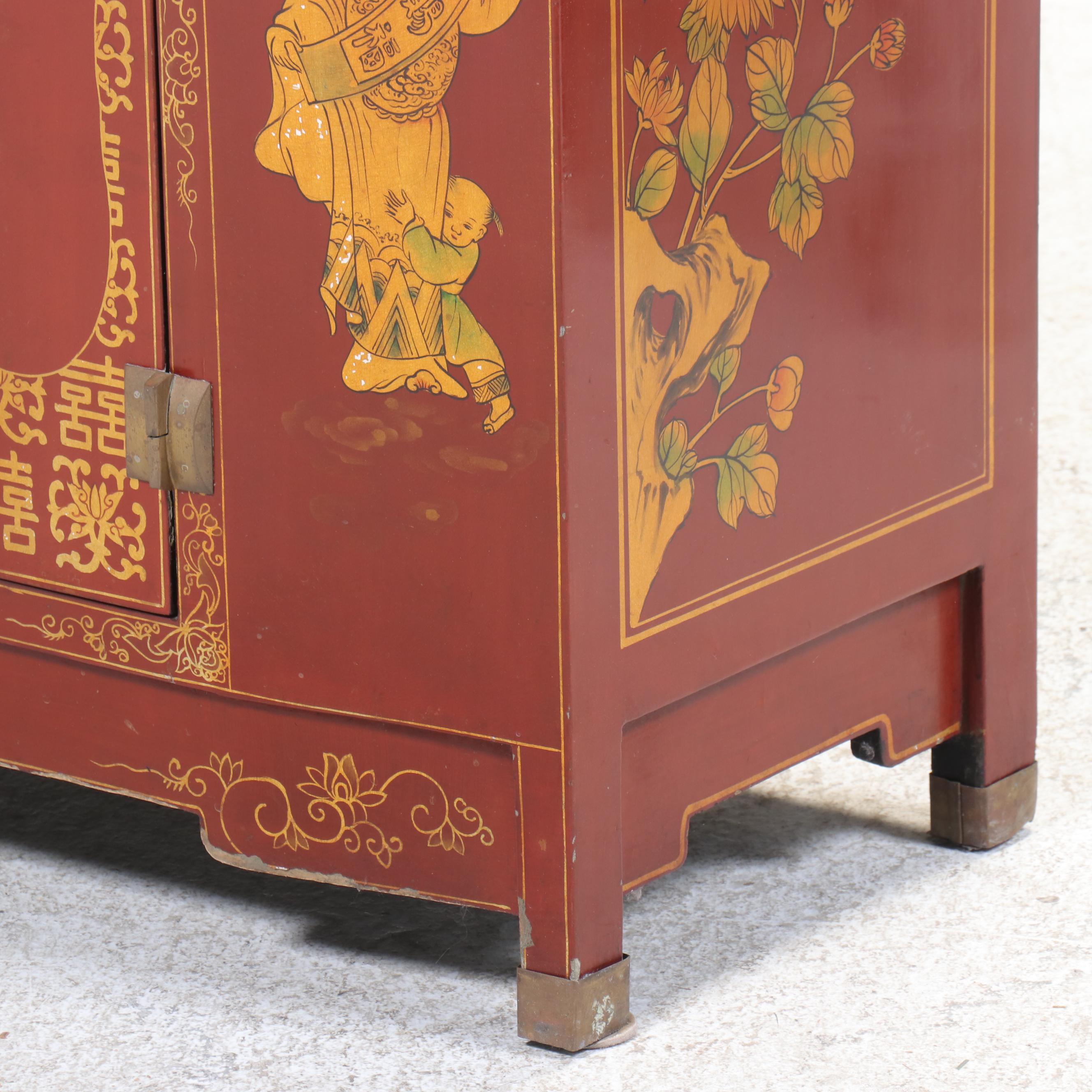 1/2 Chinese Red and Gilt-Lacquered Side Cabinet