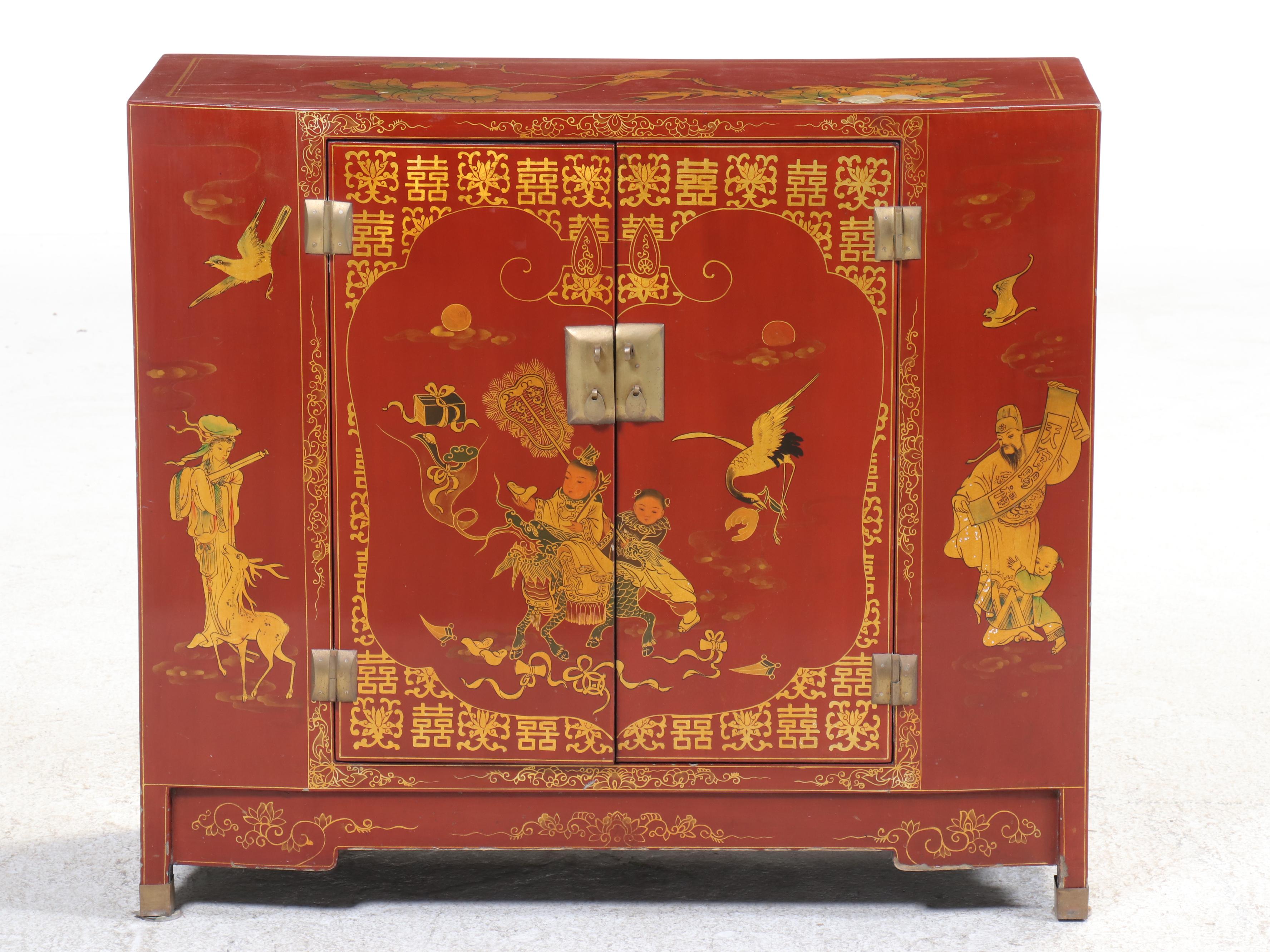 1/2 Chinese Red and Gilt-Lacquered Side Cabinet