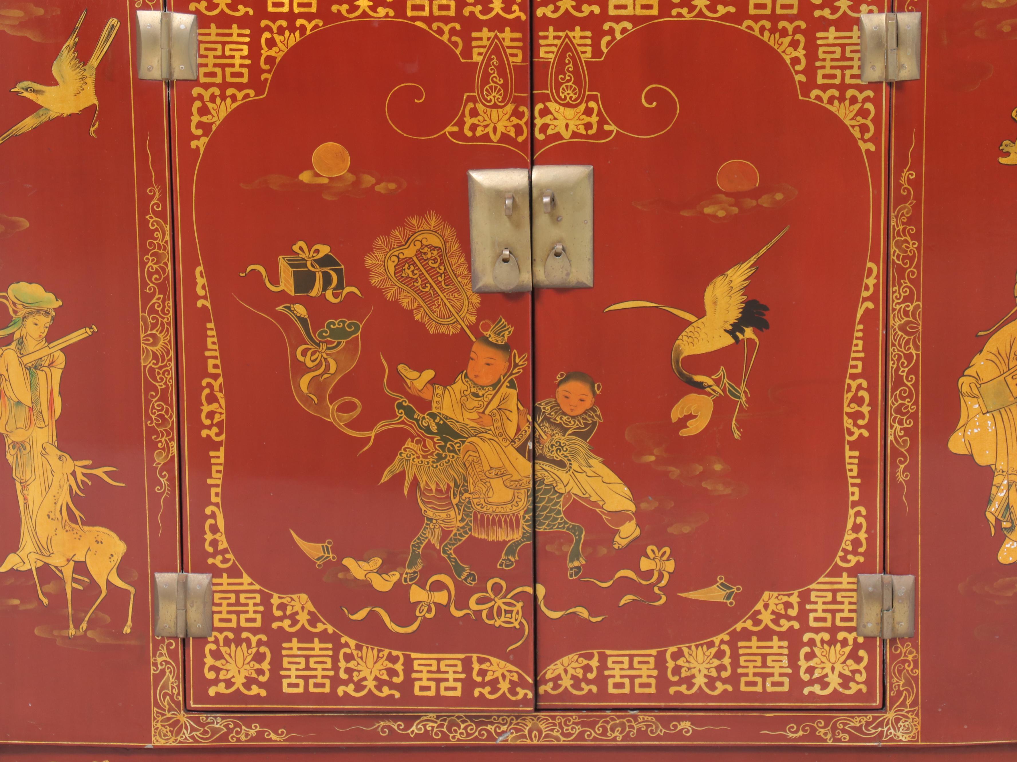1/2 Chinese Red and Gilt-Lacquered Side Cabinet
