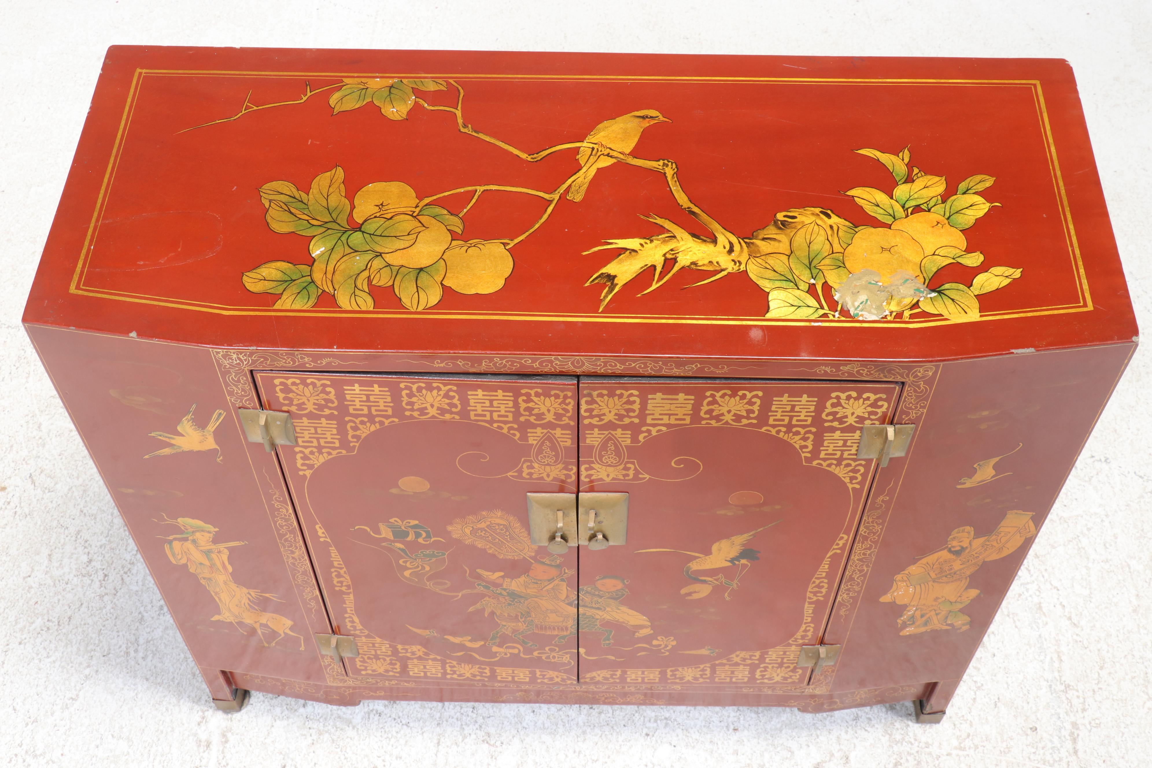1/2 Chinese Red and Gilt-Lacquered Side Cabinet