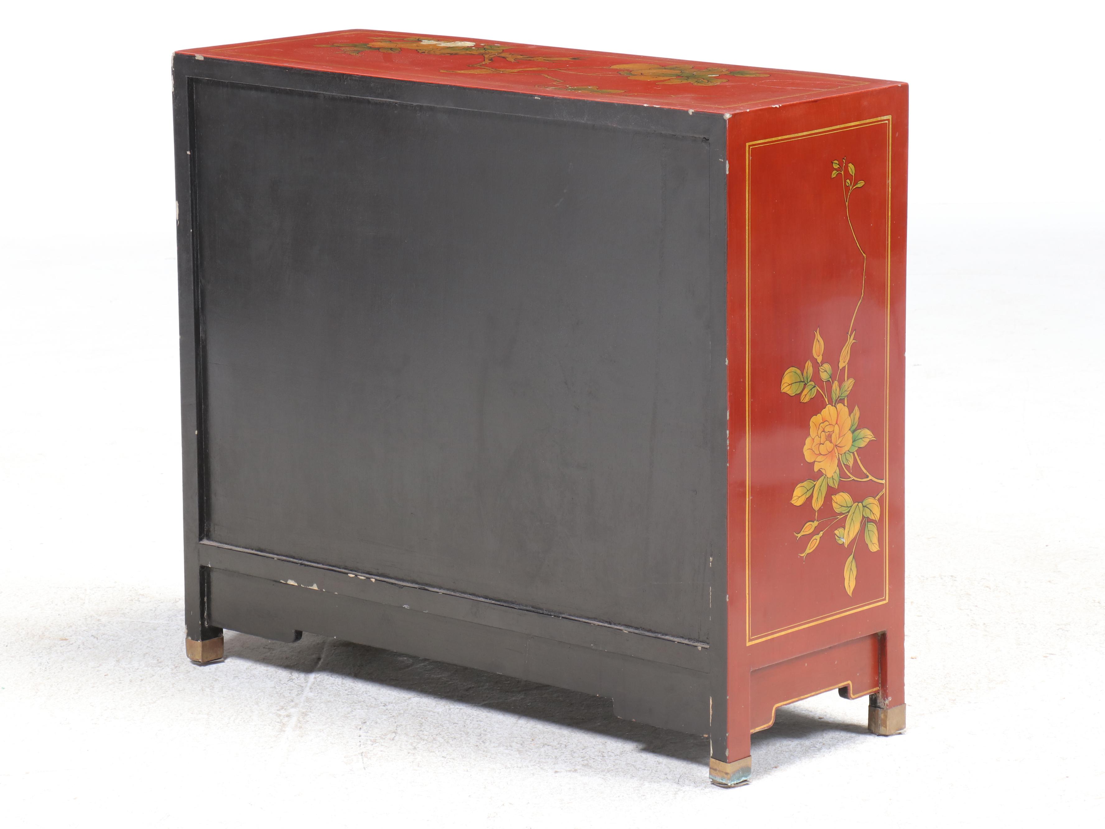 1/2 Chinese Red and Gilt-Lacquered Side Cabinet