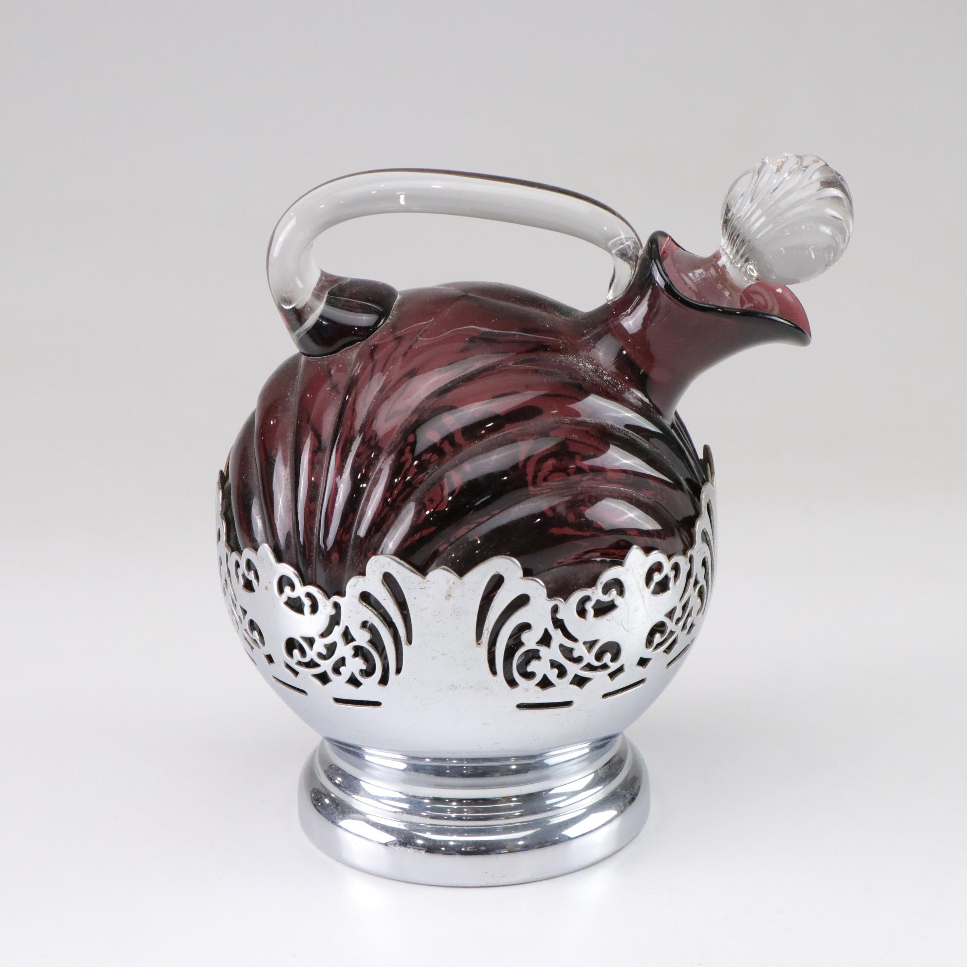 Cambridge Glass "Caprice Amethyst" Decanter With Farber Chrome Base & Glasses
