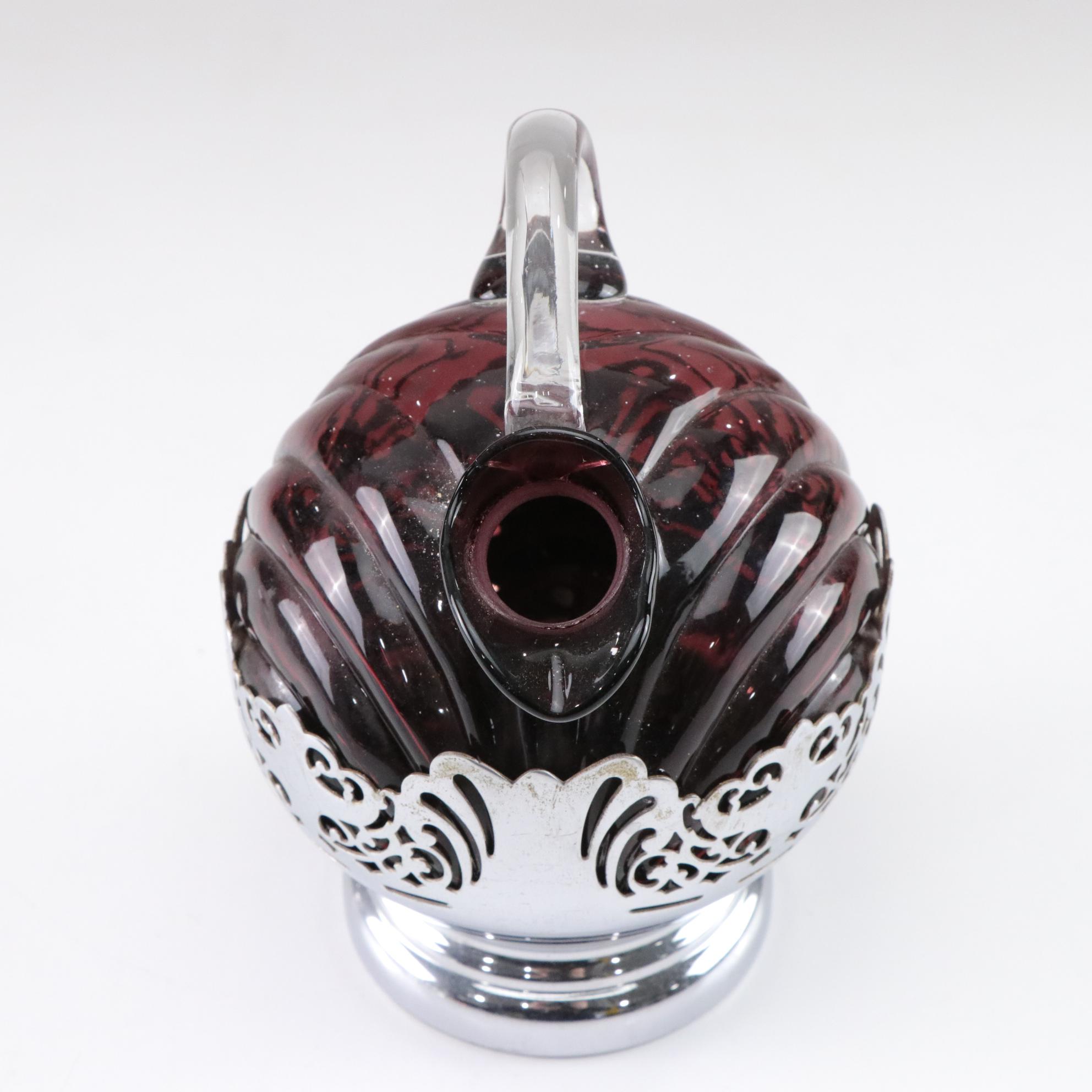 Cambridge Glass "Caprice Amethyst" Decanter With Farber Chrome Base & Glasses