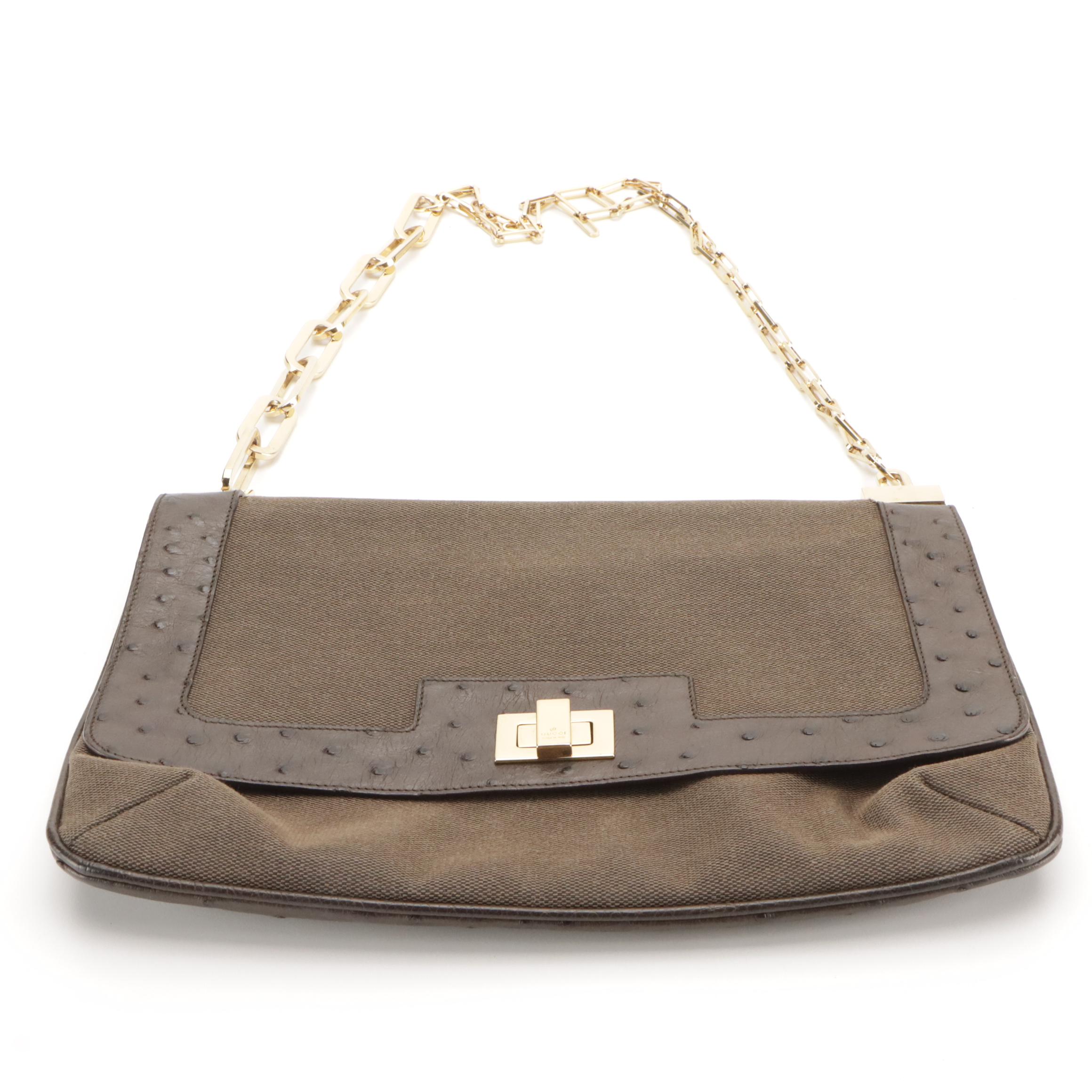 Gucci Mocha Brown Canvas and Ostrich Leather Chain Strap Shoulder Bag