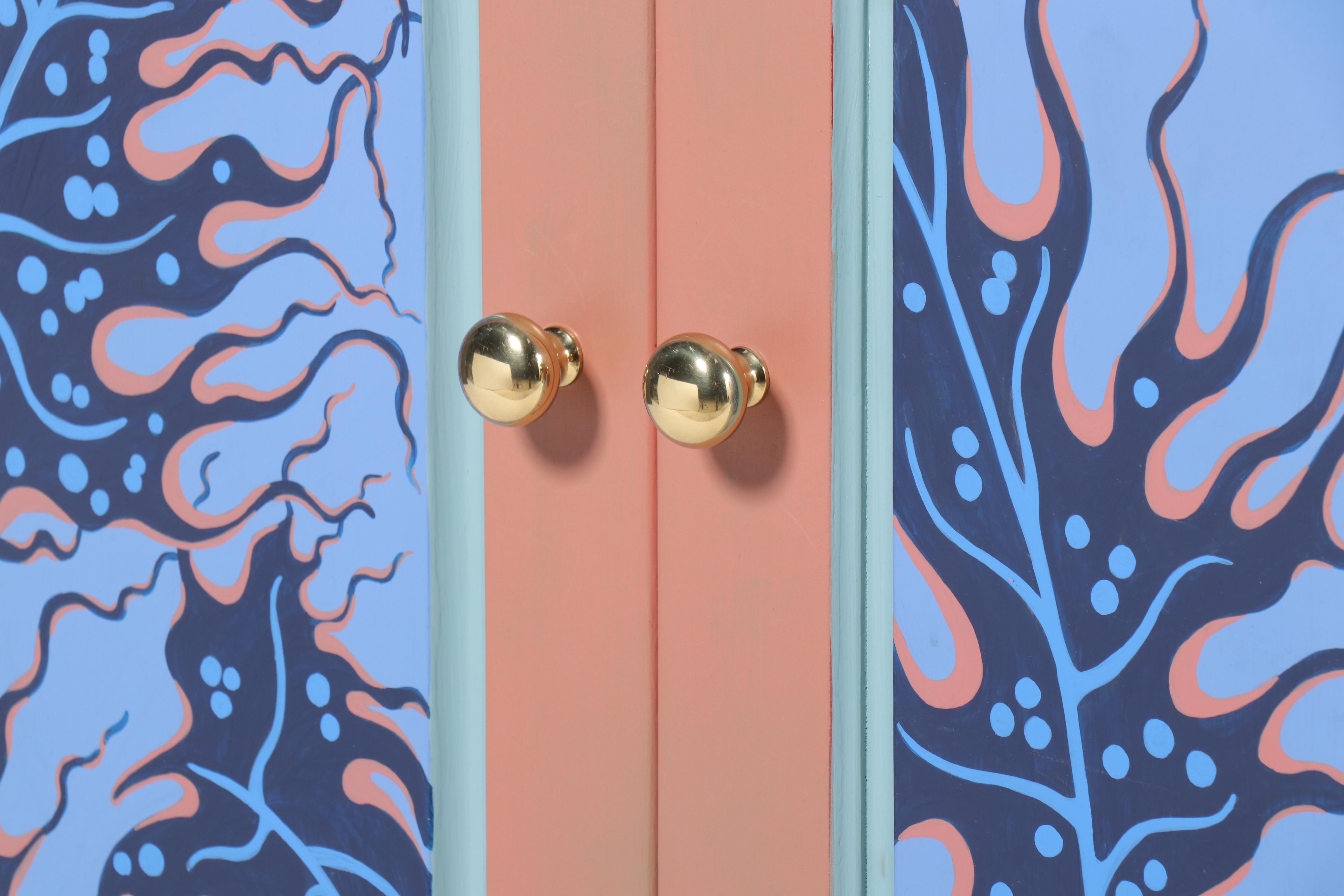 Hand-Painted Blue and Peach Wood Cabinet, 1999–2000