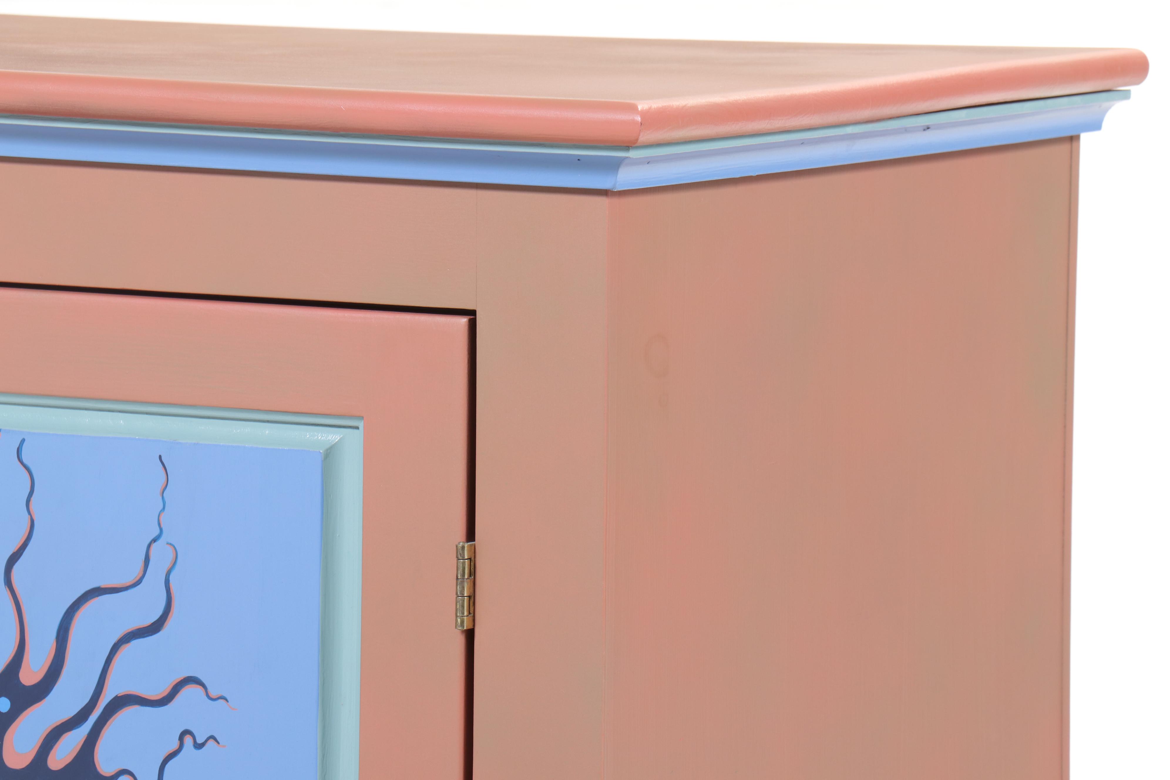 Hand-Painted Blue and Peach Wood Cabinet, 1999–2000