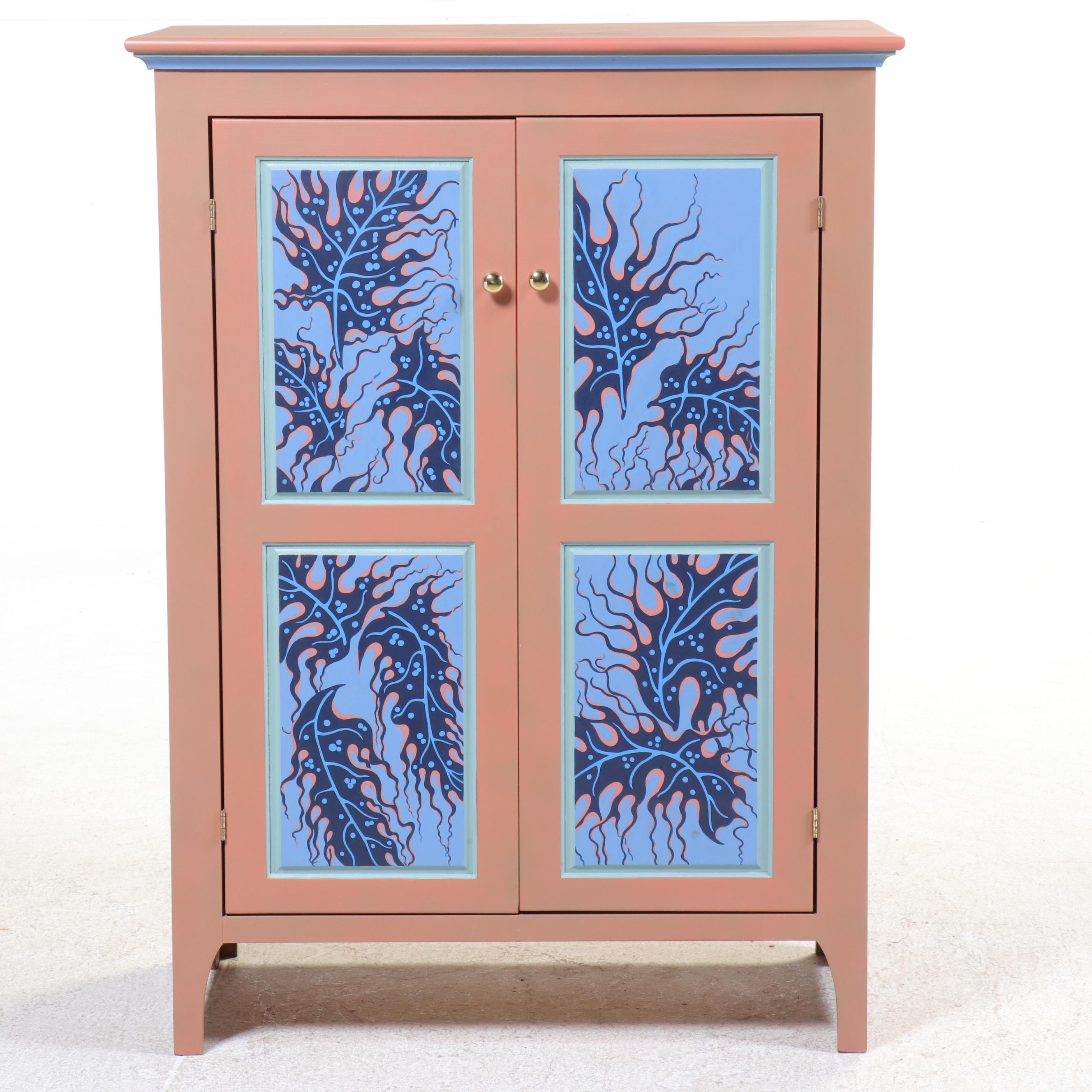 Hand-Painted Blue and Peach Wood Cabinet, 1999–2000