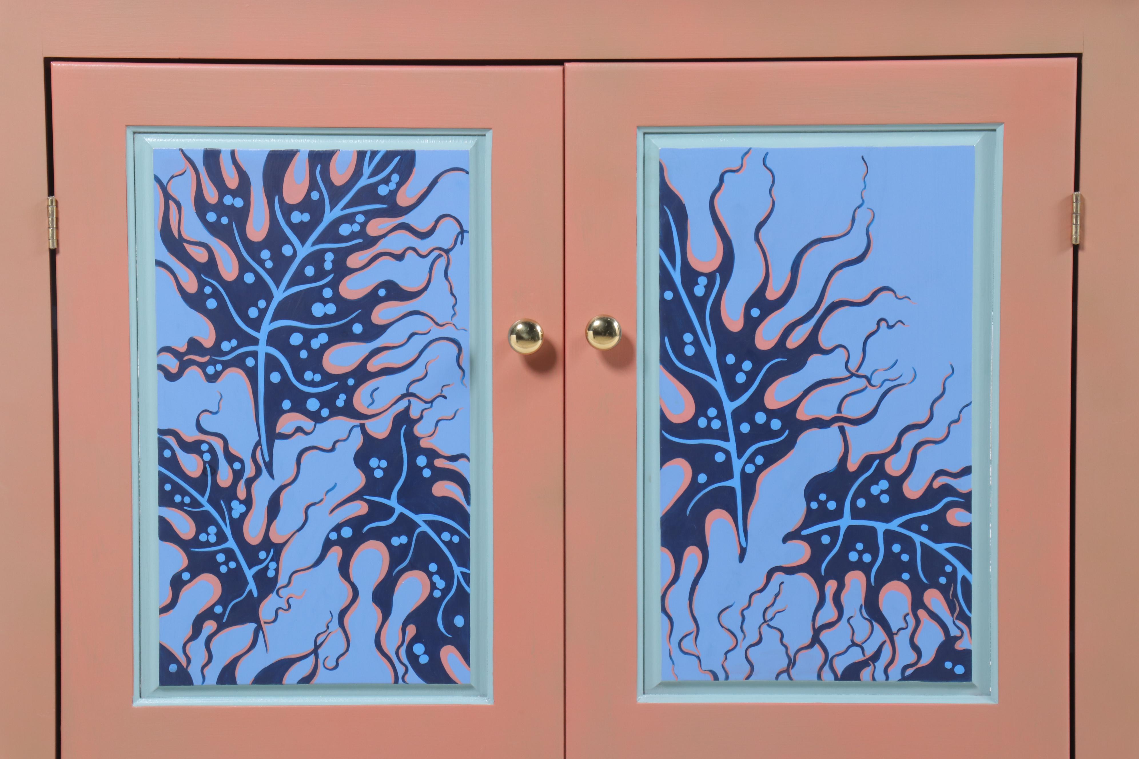 Hand-Painted Blue and Peach Wood Cabinet, 1999–2000