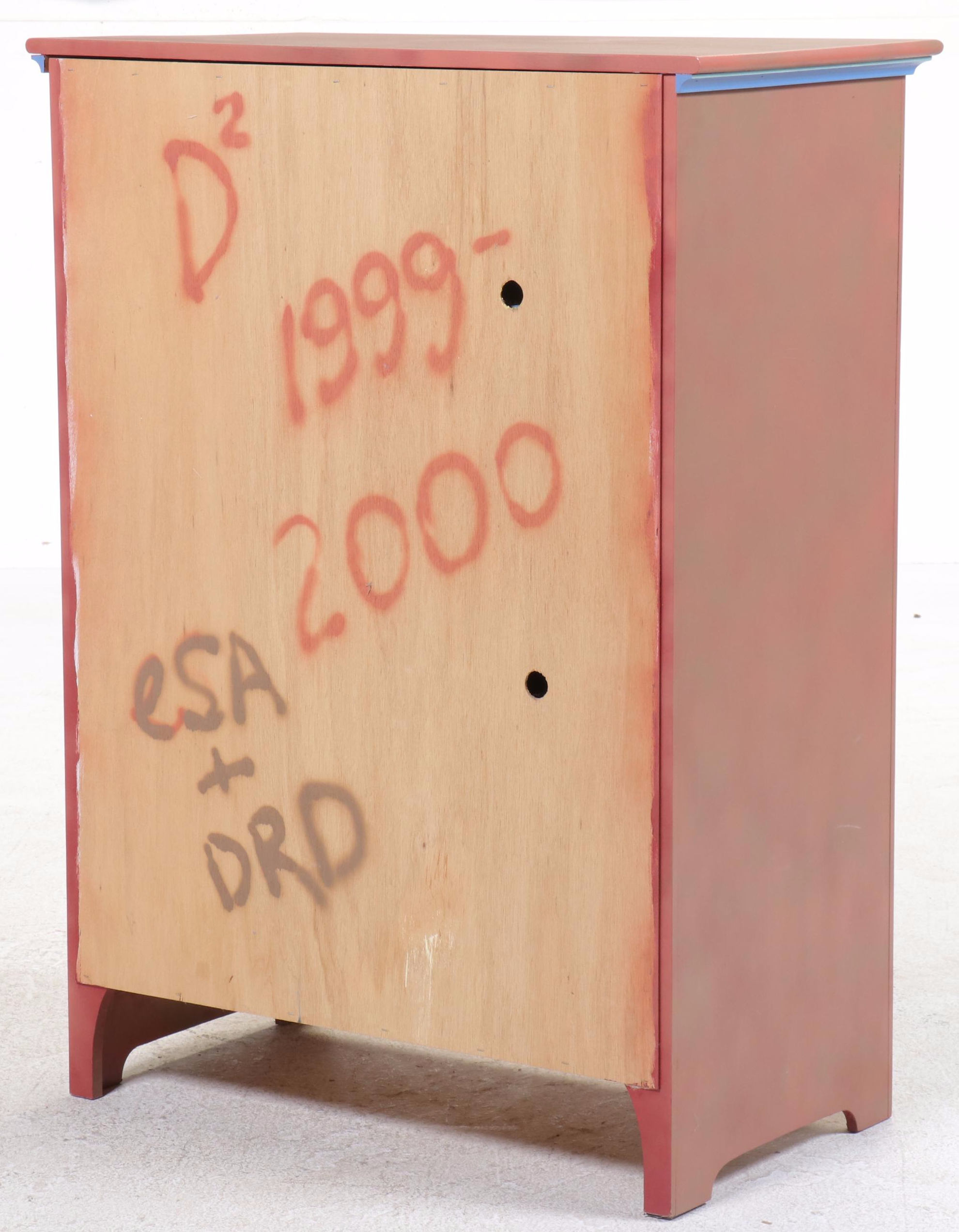 Hand-Painted Blue and Peach Wood Cabinet, 1999–2000