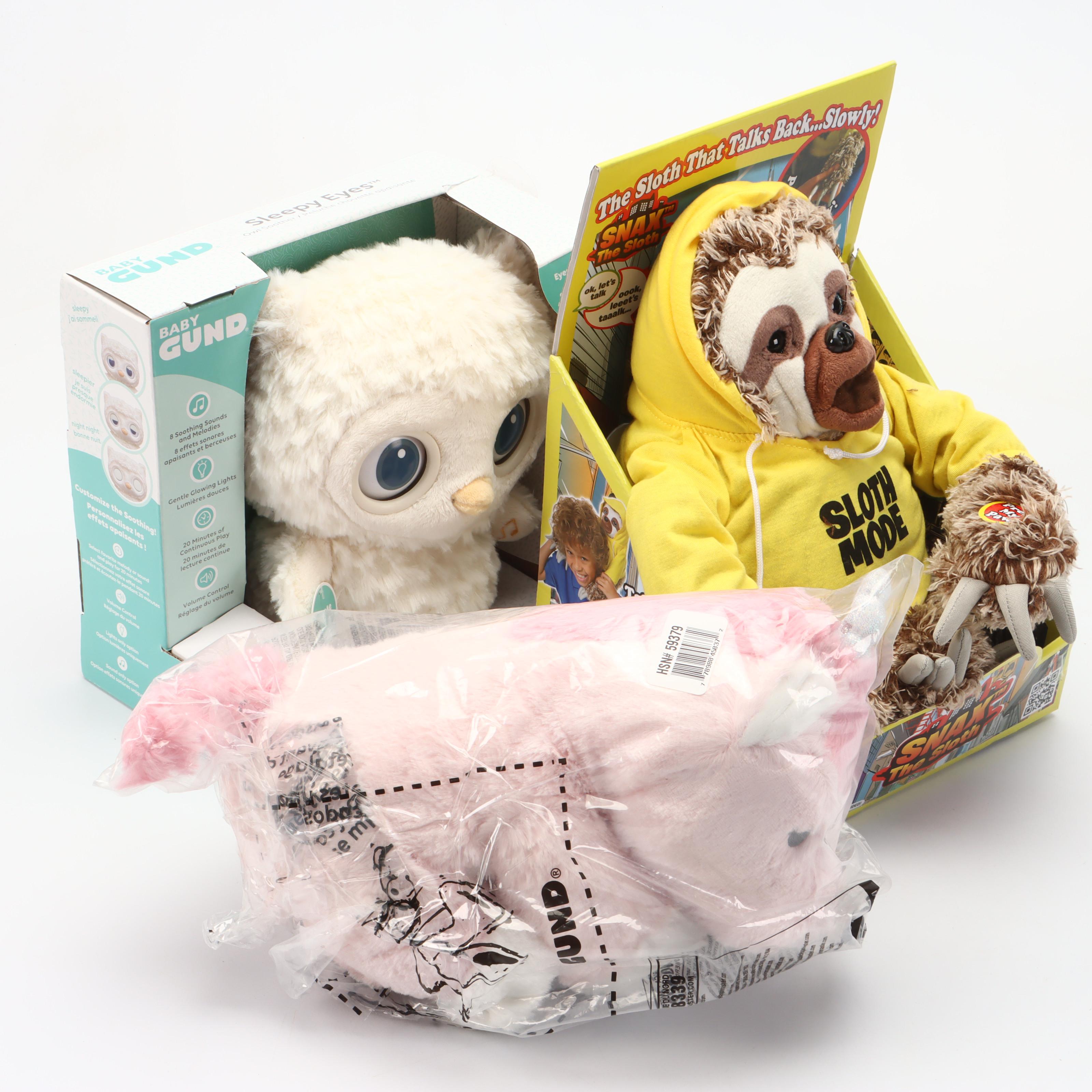 Snax the Sloth with GUND Sleepy Eyes Owl Soother and Alora the Unicorn