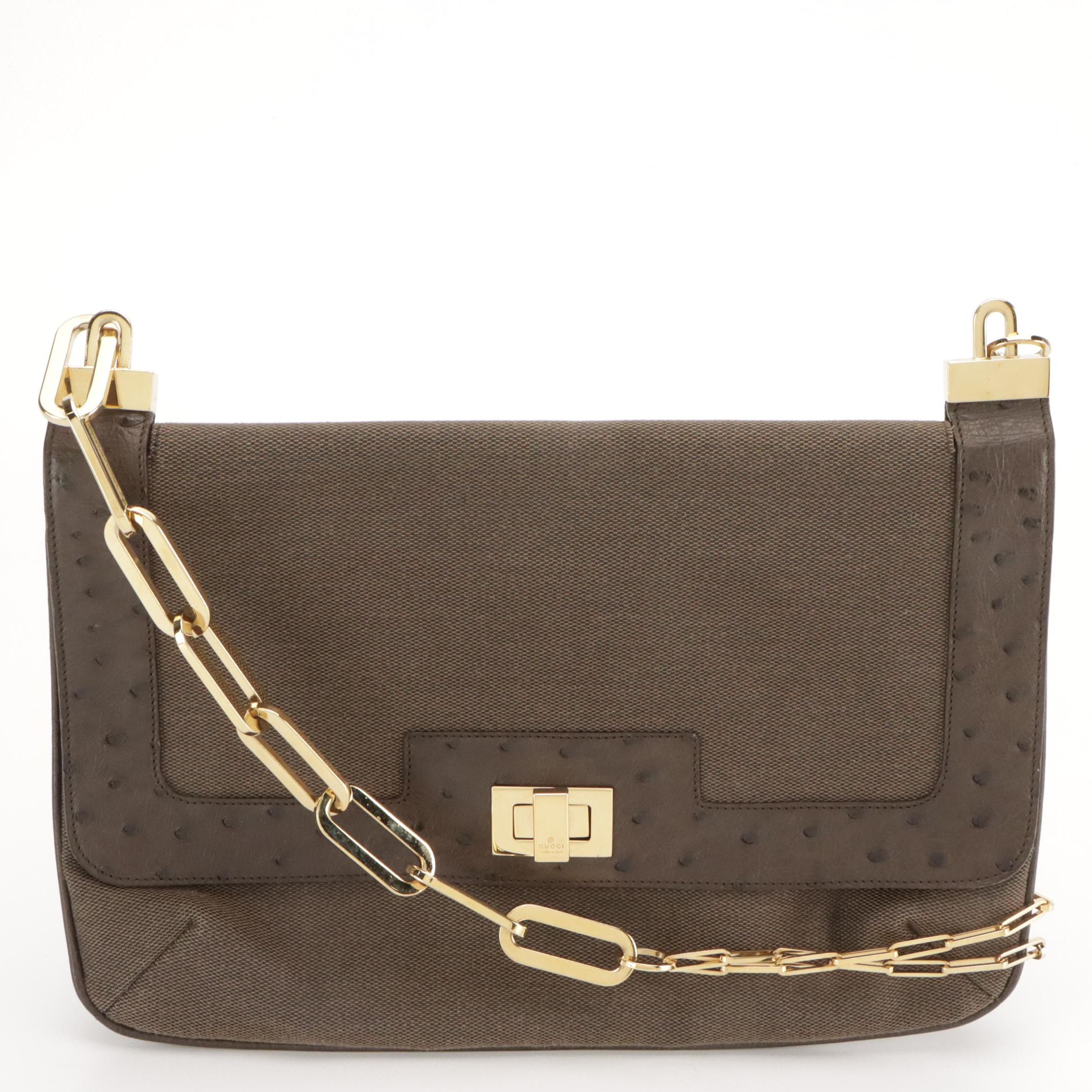 Gucci Mocha Brown Canvas and Ostrich Leather Chain Strap Shoulder Bag