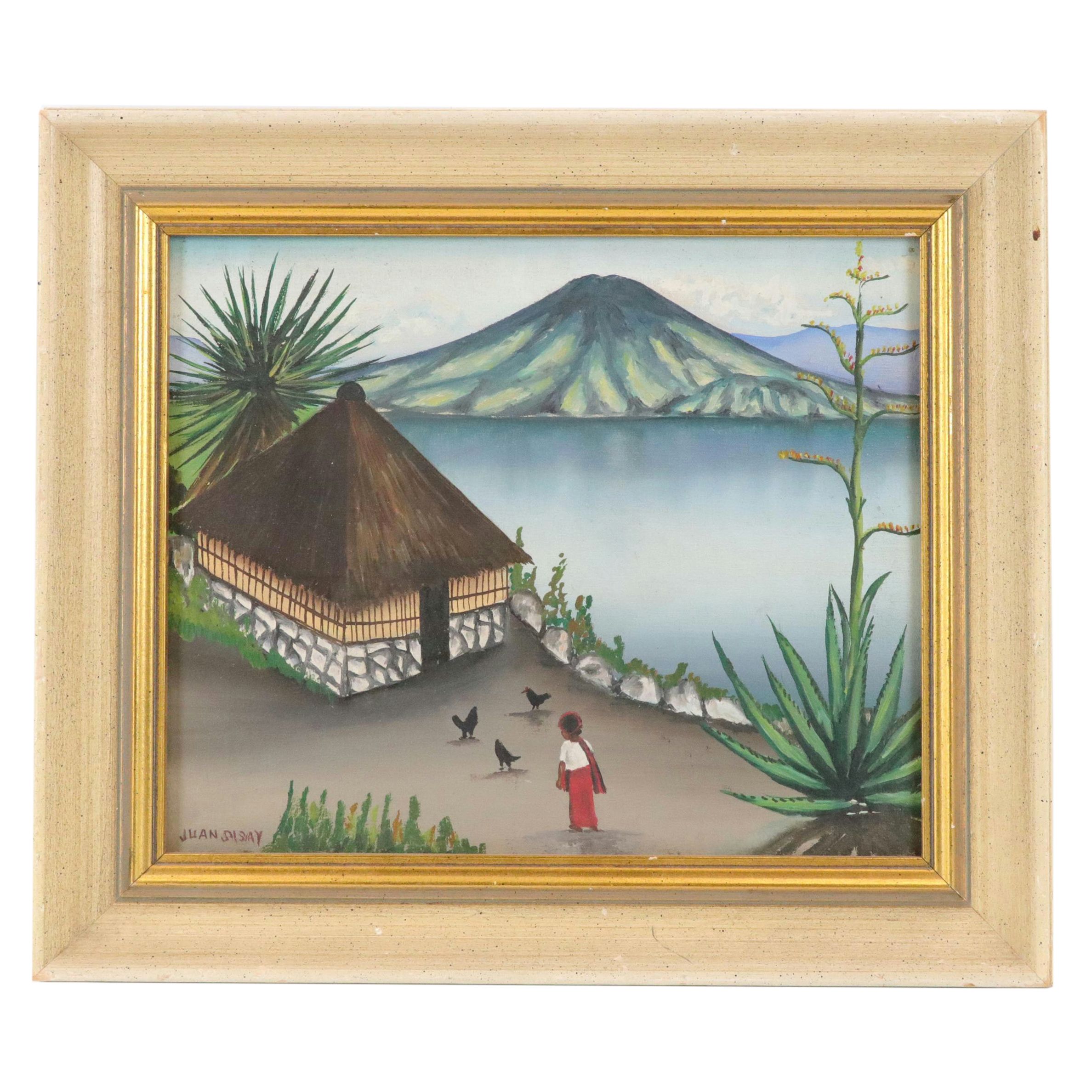 Juan Sisay Guatemalan Lakeside Landscape Acrylic Painting, 20th century