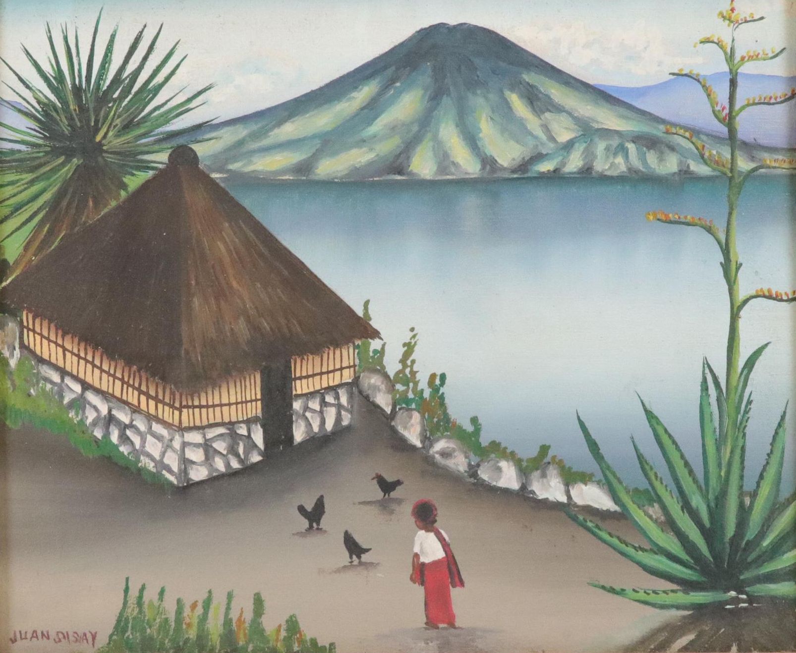 Juan Sisay Guatemalan Lakeside Landscape Acrylic Painting, 20th century