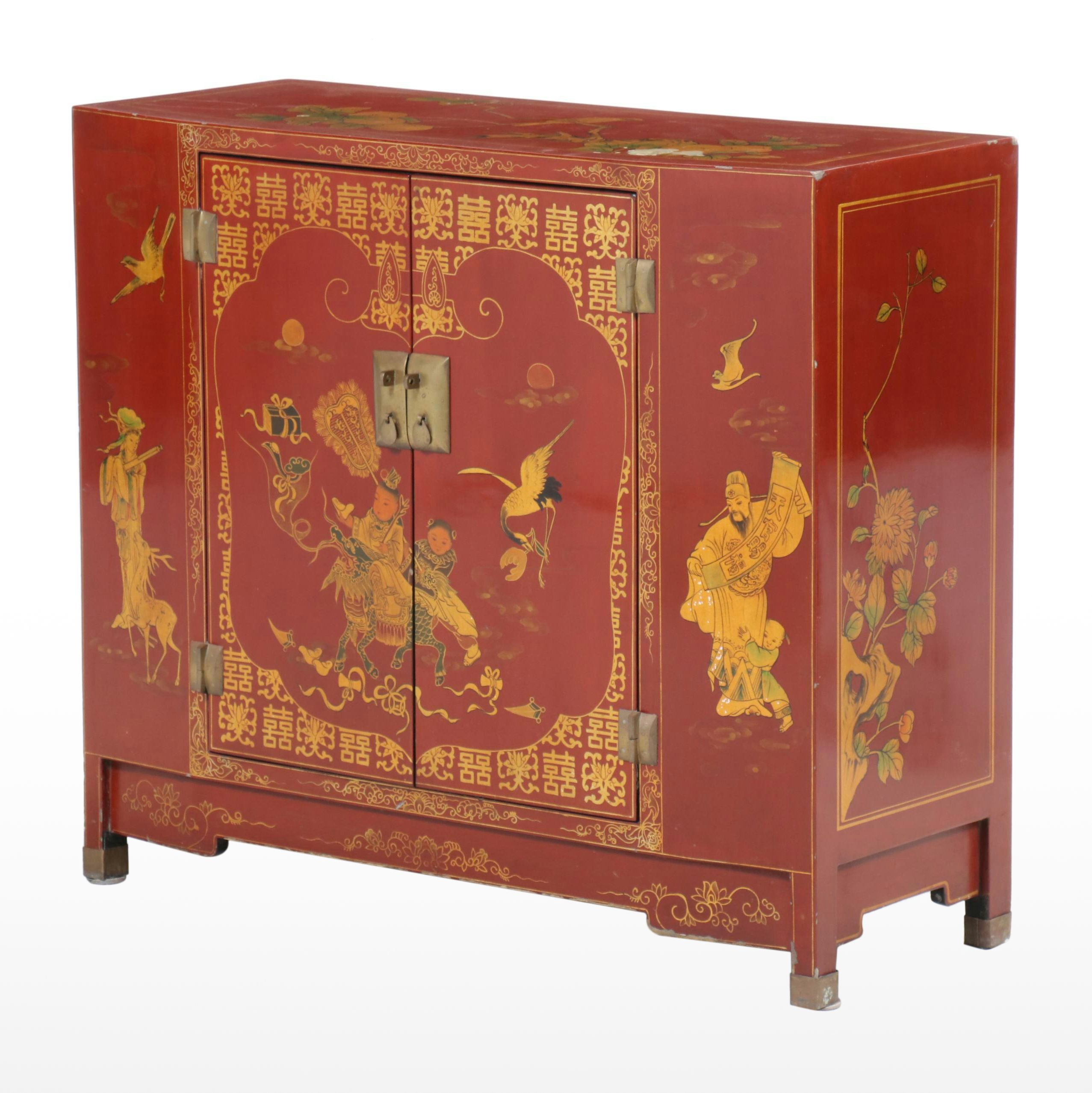 1/2 Chinese Red and Gilt-Lacquered Side Cabinet