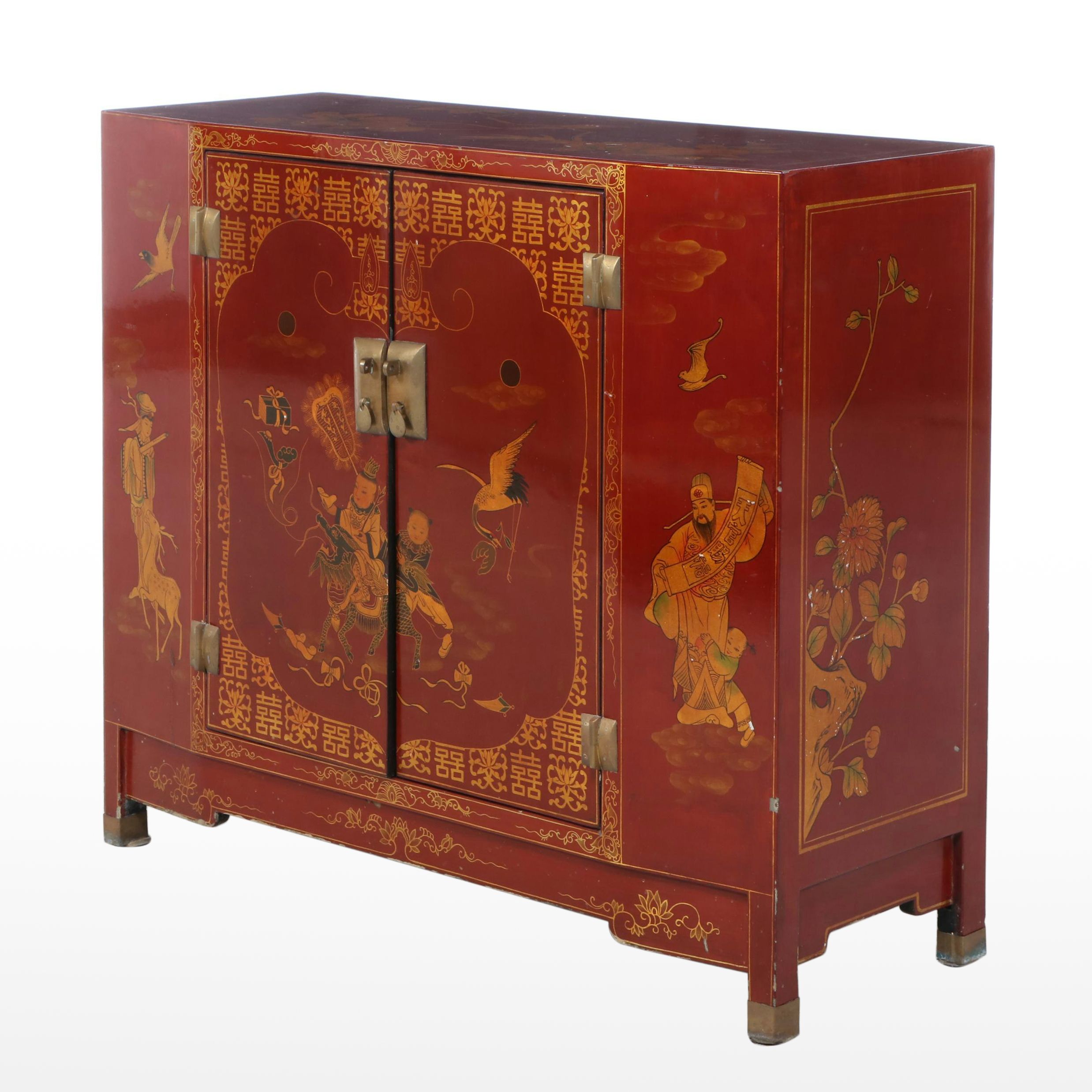 2/2 Chinese Red and Gilt-Lacquered Side Cabinet