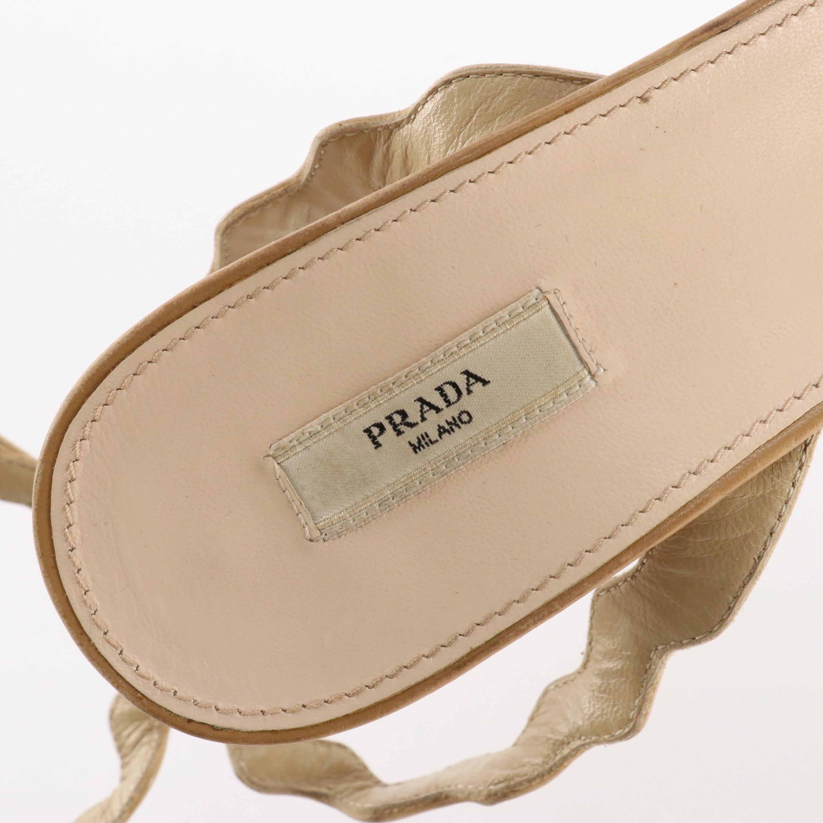 Prada Ankle Wrap Scalloped Strappy Heels in Two-Tone Brown Leather with Box