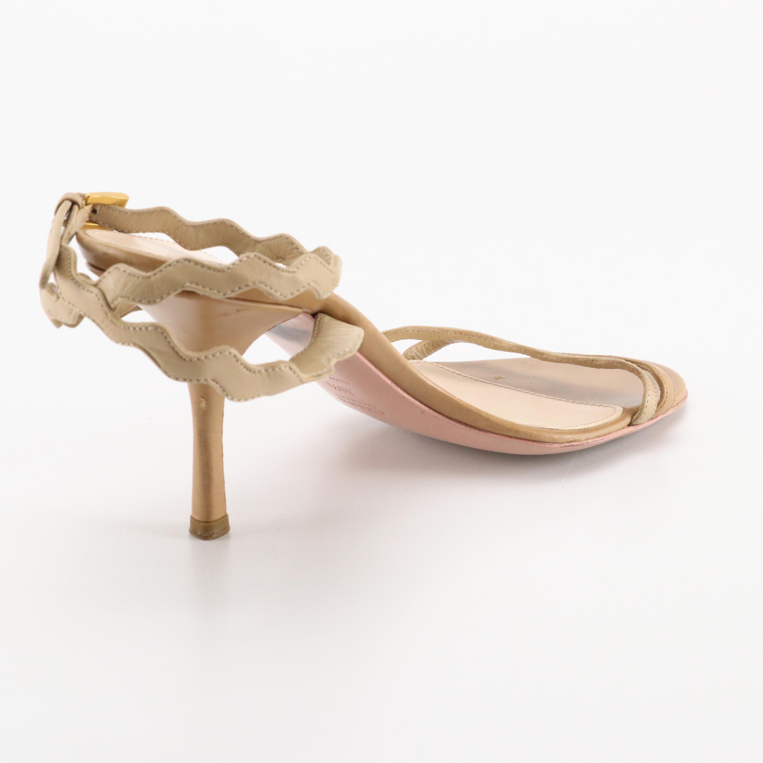 Prada Ankle Wrap Scalloped Strappy Heels in Two-Tone Brown Leather with Box