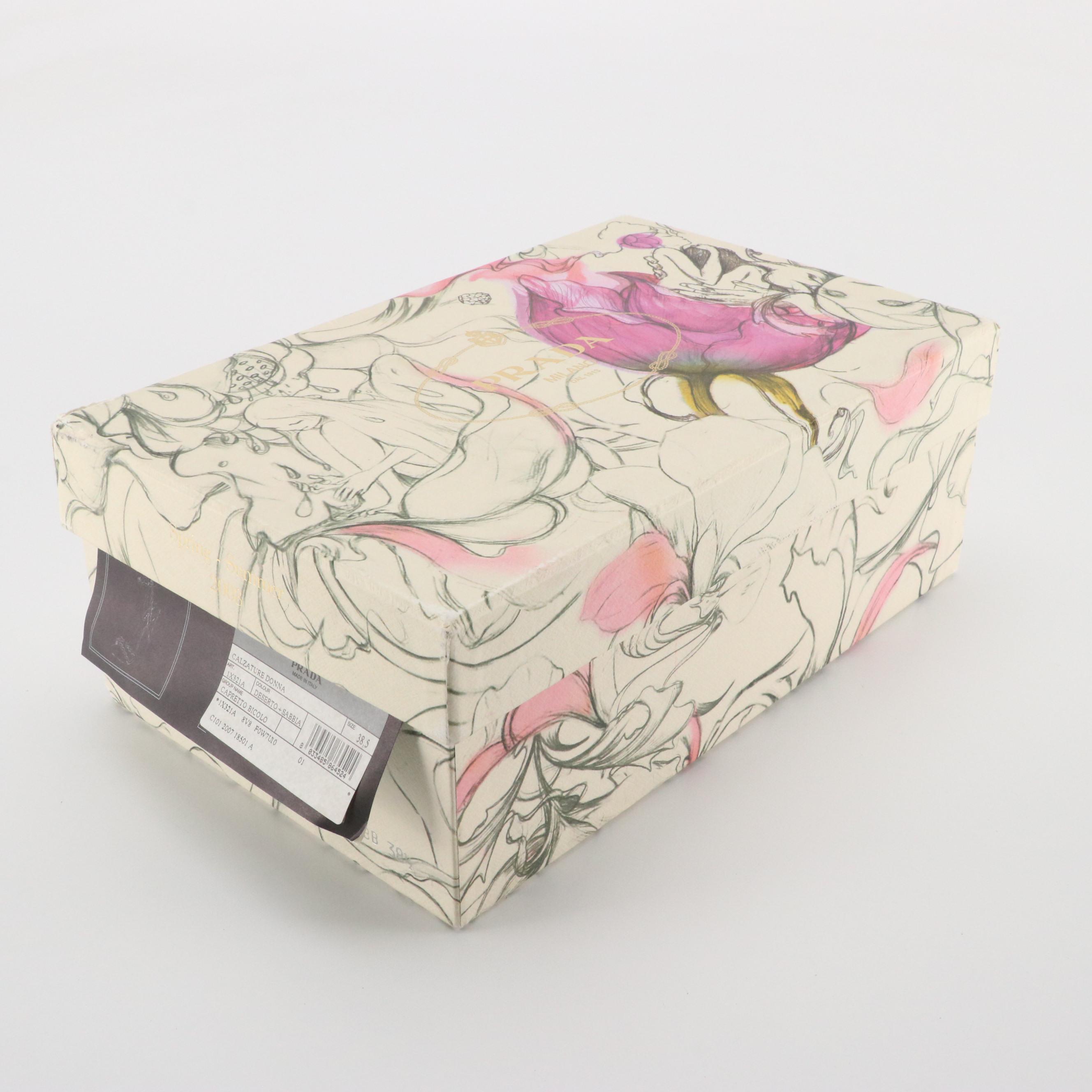 Prada Ankle Wrap Scalloped Strappy Heels in Two-Tone Brown Leather with Box