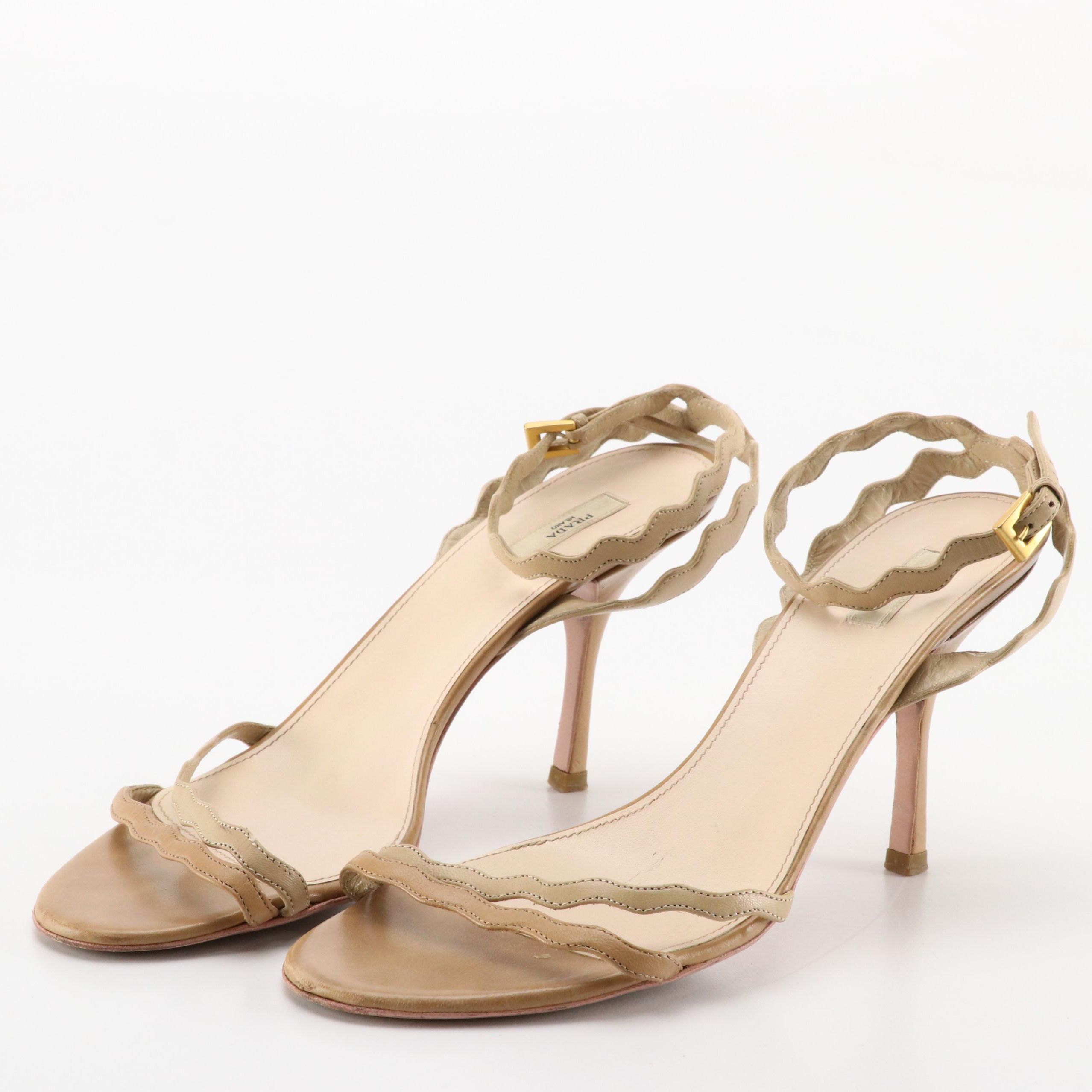 Prada Ankle Wrap Scalloped Strappy Heels in Two-Tone Brown Leather with Box