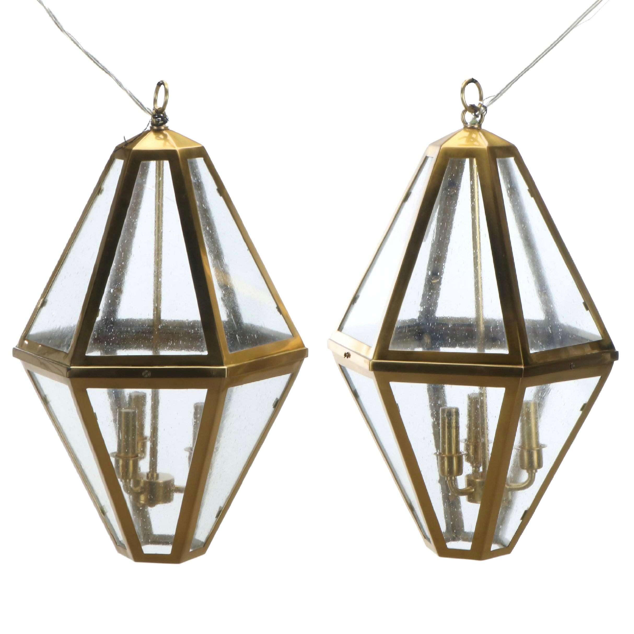 Pair of Robert Abbey "Williamsburg" Brass and Seed Glass Pendant Lights