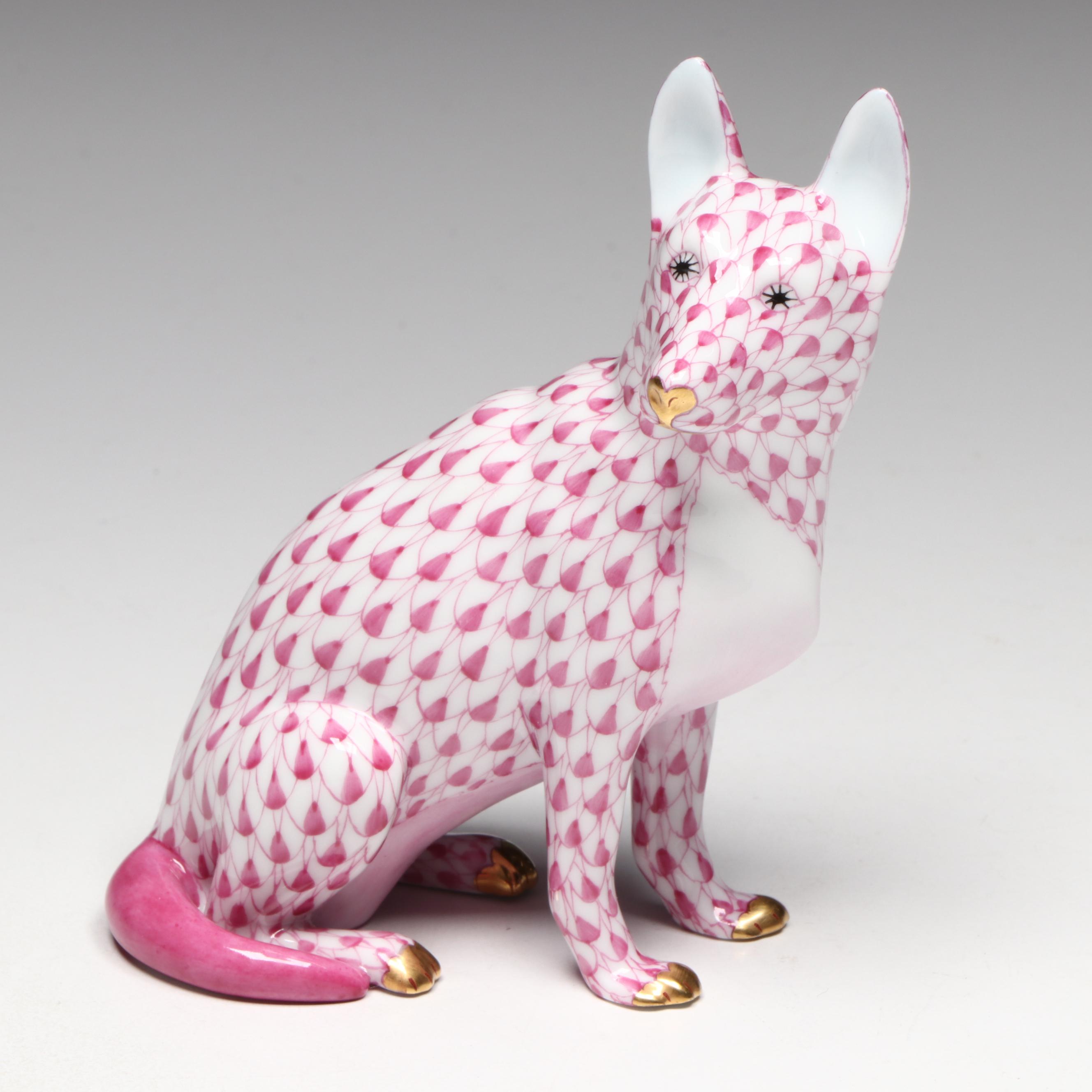 Herend Raspberry Fishnet with Gold "German Shepherd" Porcelain Figurine