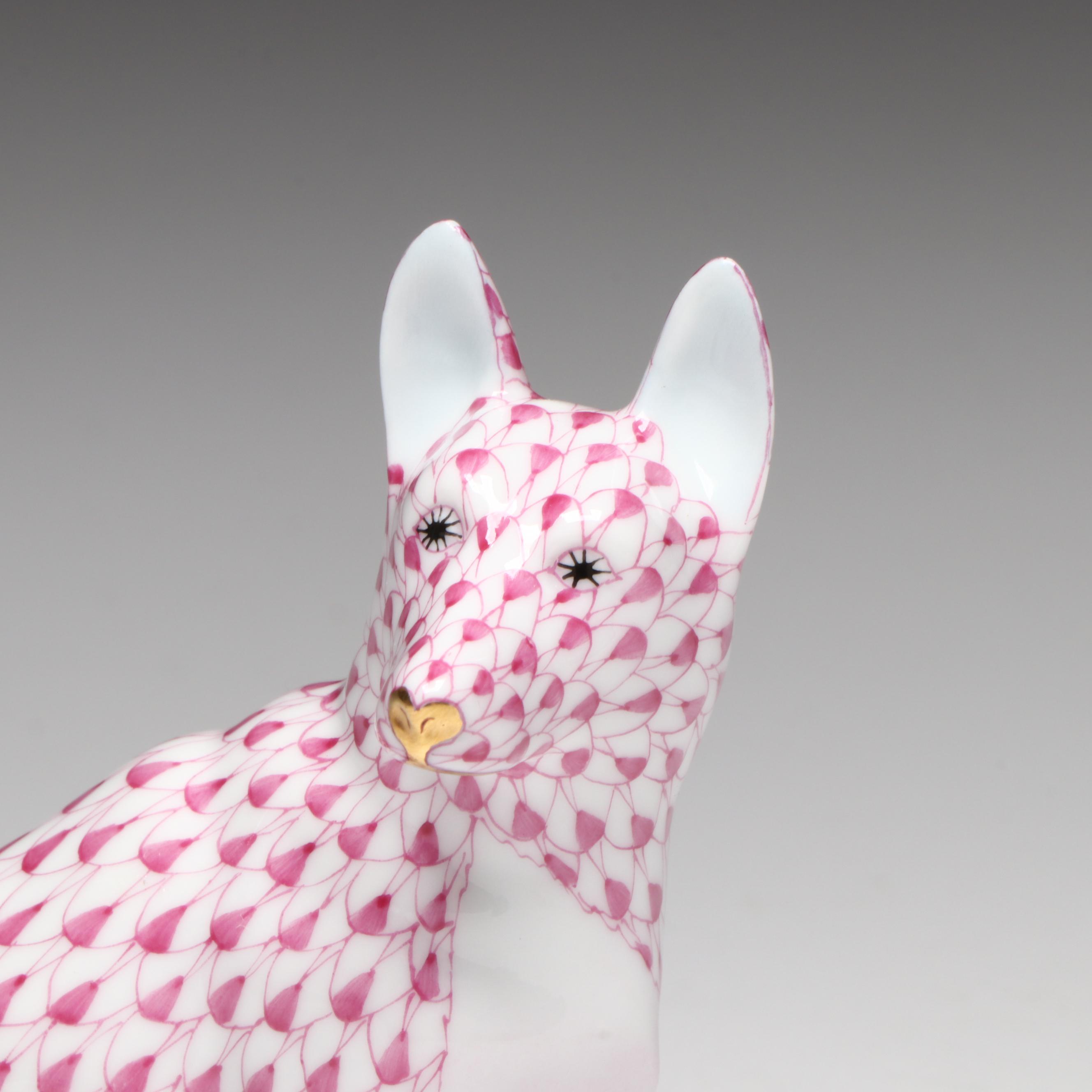 Herend Raspberry Fishnet with Gold "German Shepherd" Porcelain Figurine