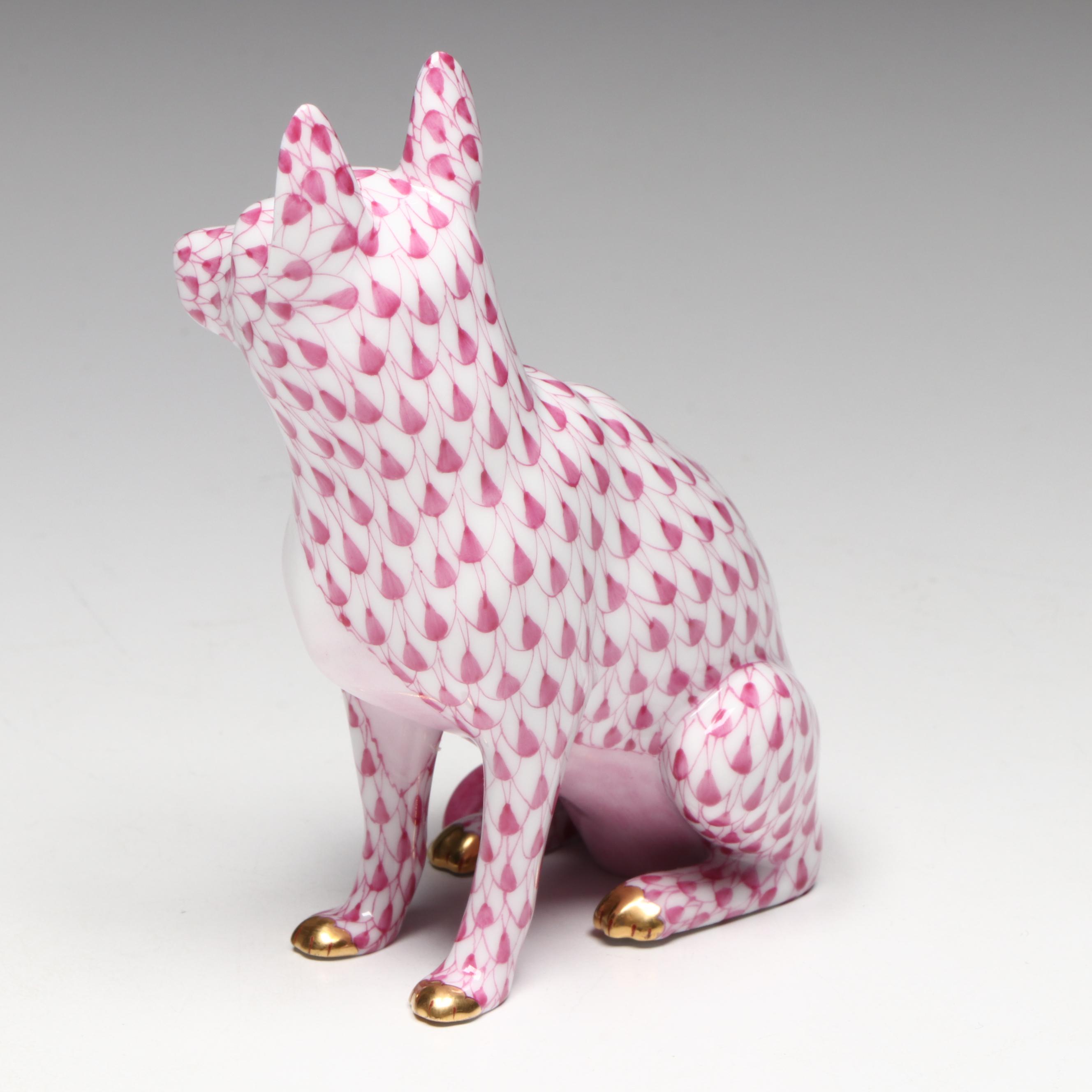Herend Raspberry Fishnet with Gold "German Shepherd" Porcelain Figurine