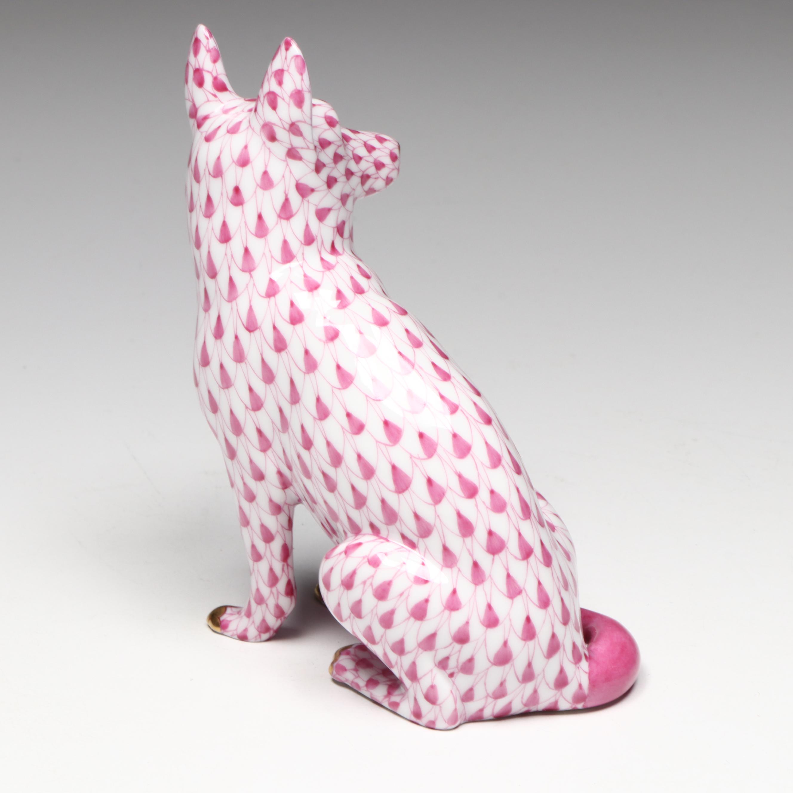 Herend Raspberry Fishnet with Gold "German Shepherd" Porcelain Figurine