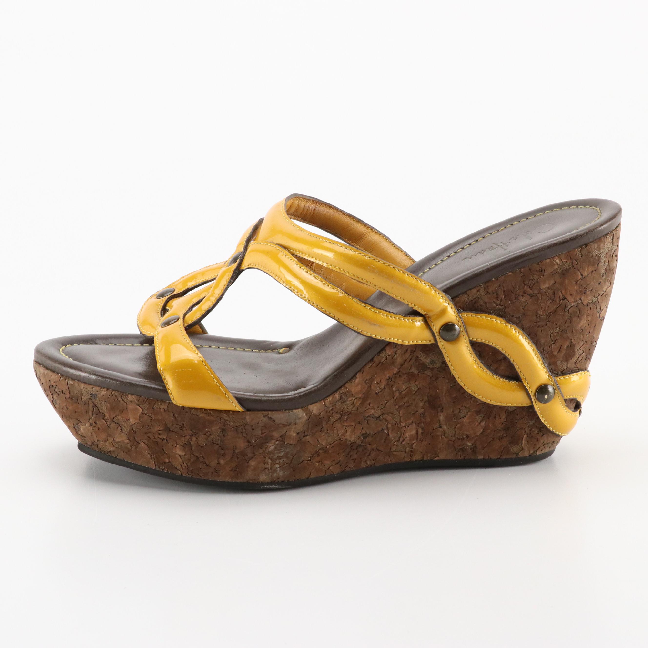 Cole Haan Salma Cork Wedged Mules in Yellow Leather with Box