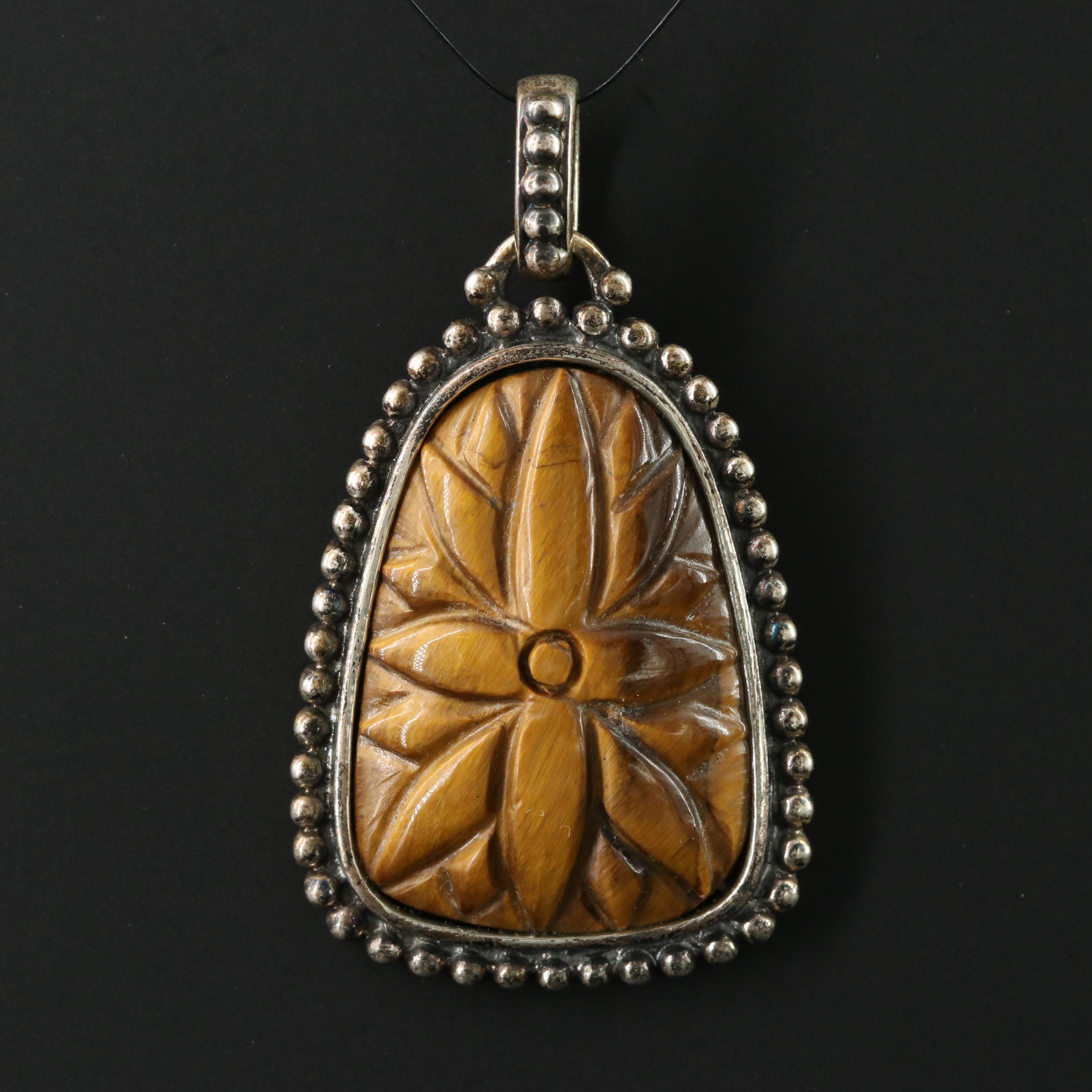 Sterling Tiger's Eye Floral Pendant