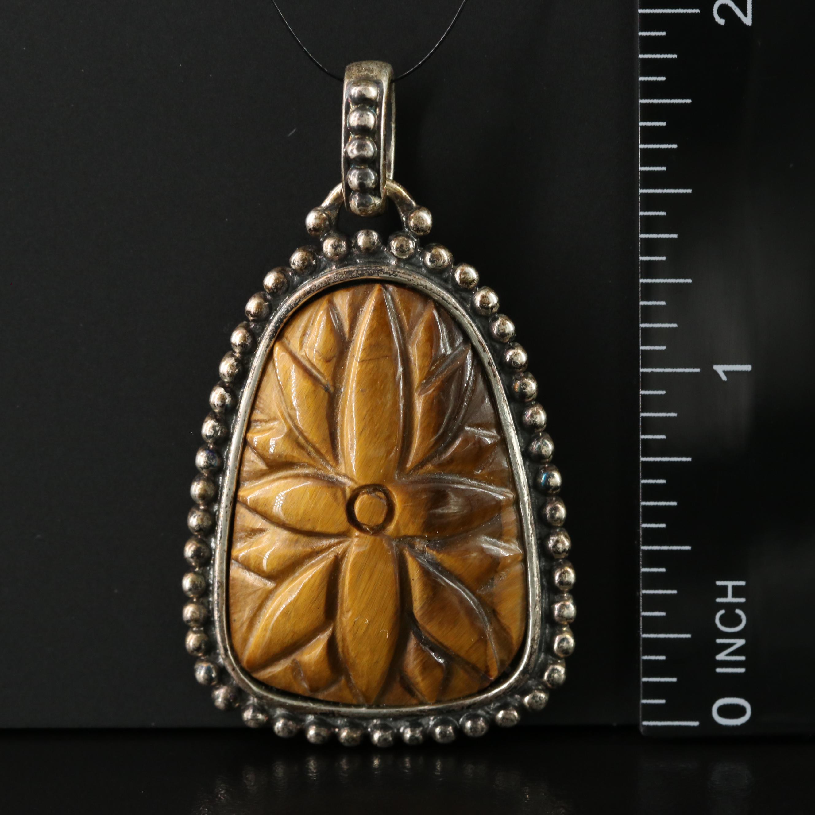 Sterling Tiger's Eye Floral Pendant