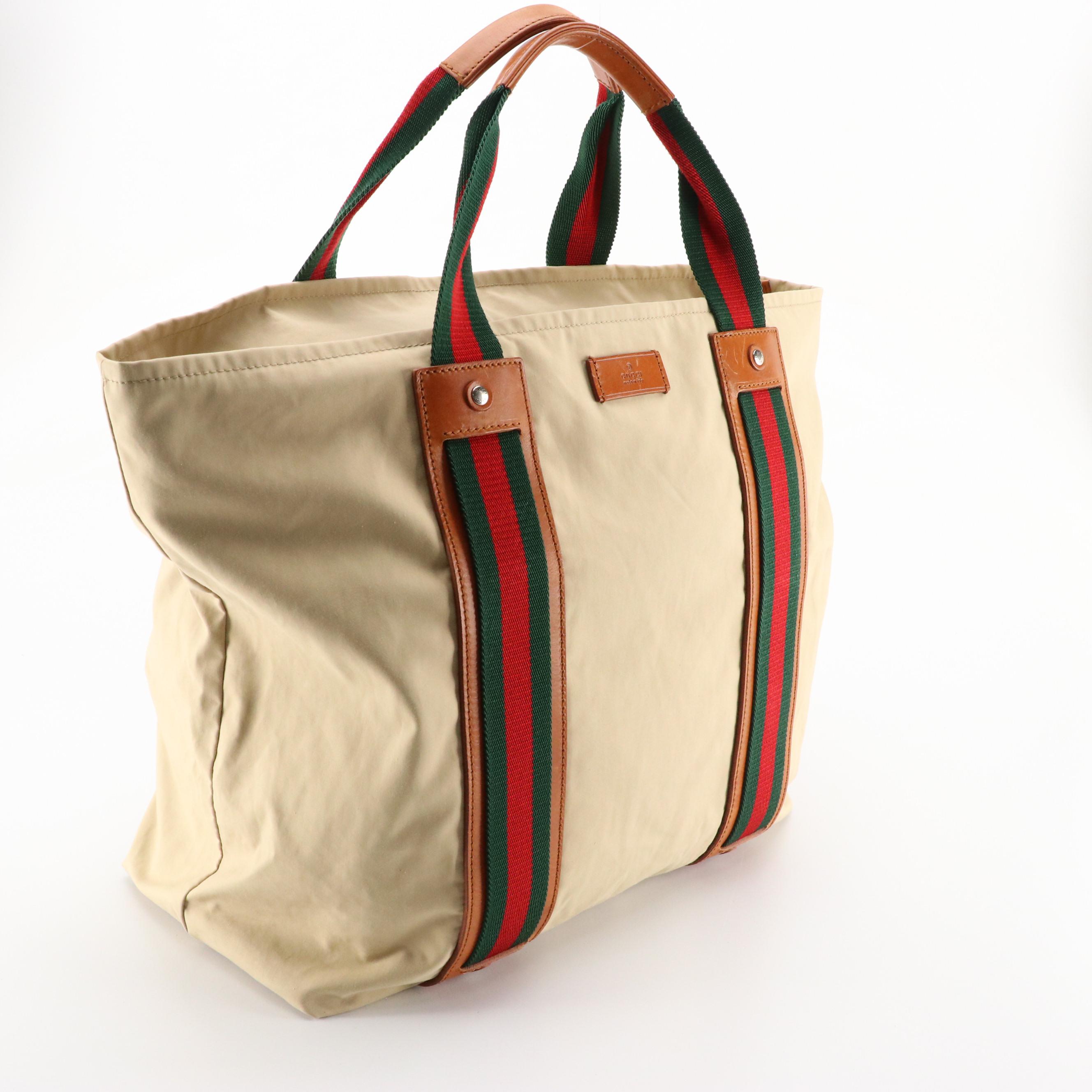 Gucci Beige Nylon Canvas Tote Bag with Brown Leather Trim and Web Stripe Accents