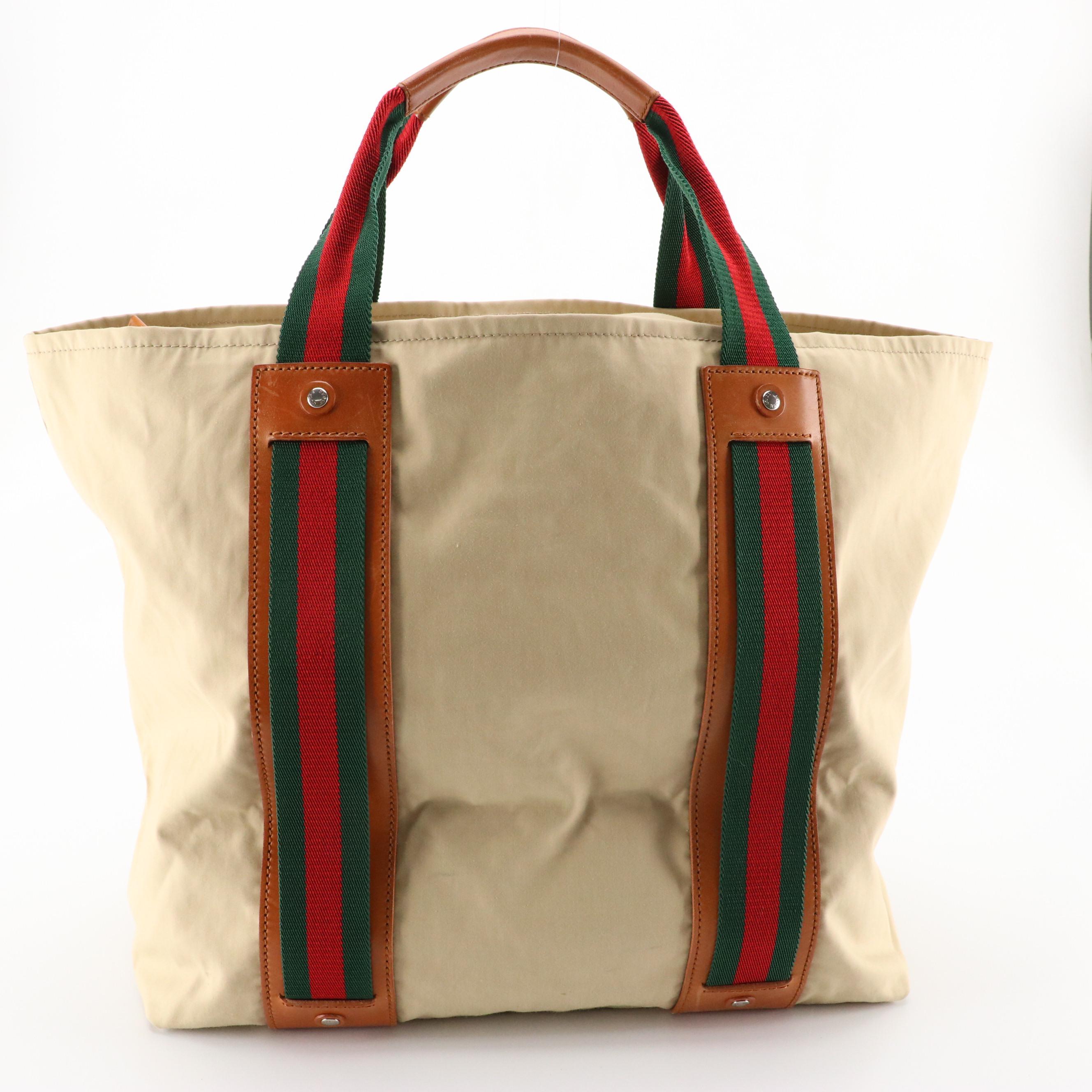 Gucci Beige Nylon Canvas Tote Bag with Brown Leather Trim and Web Stripe Accents