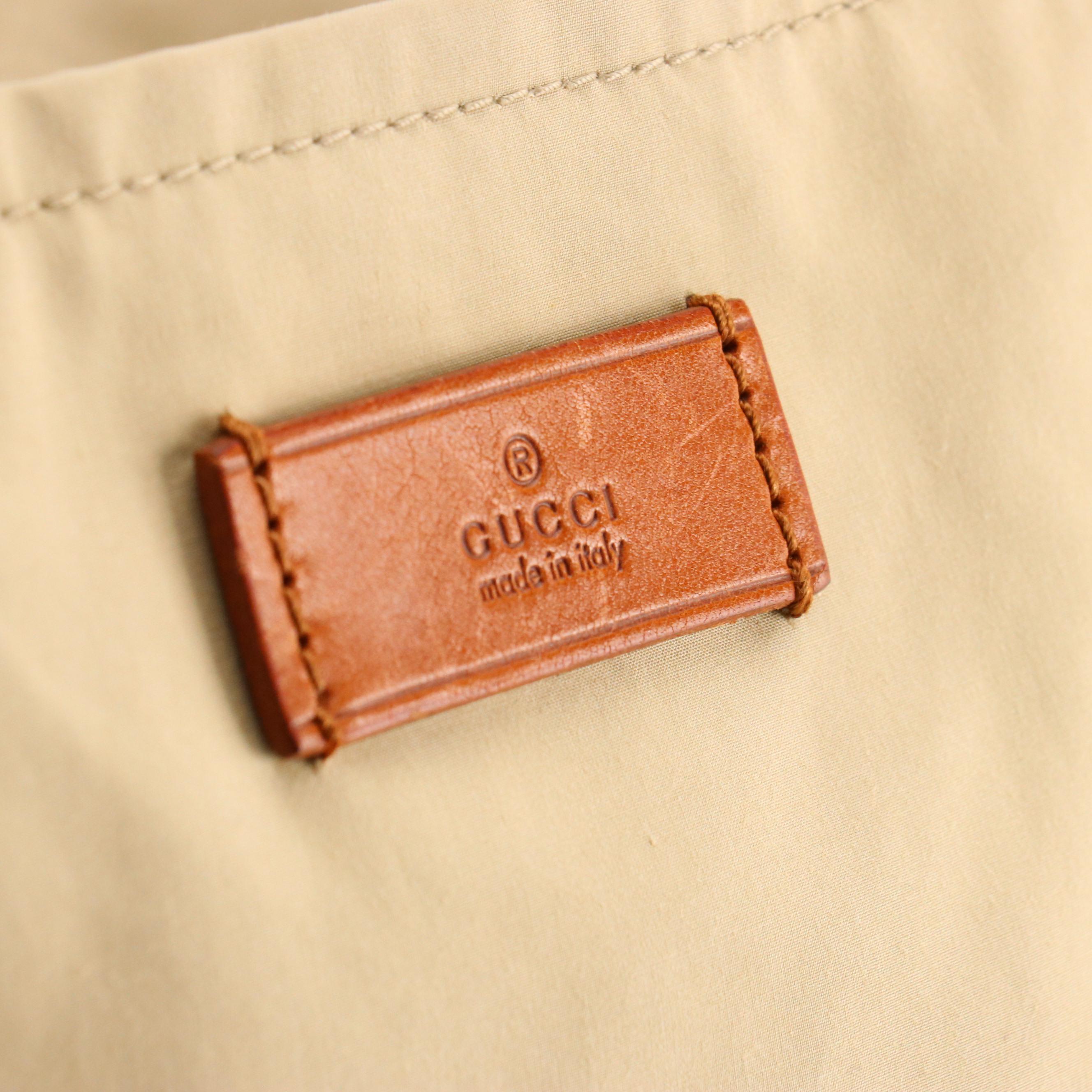 Gucci Beige Nylon Canvas Tote Bag with Brown Leather Trim and Web Stripe Accents