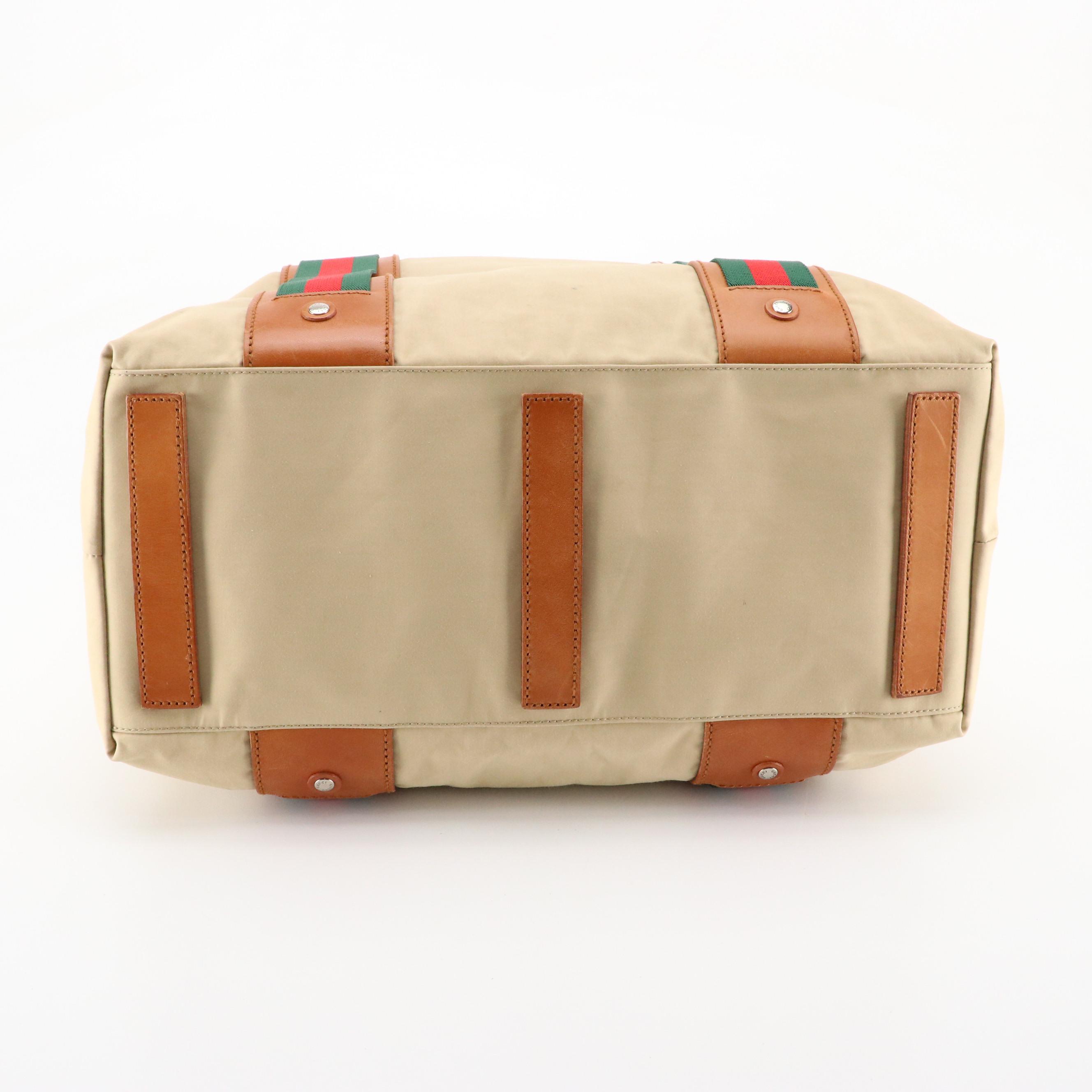 Gucci Beige Nylon Canvas Tote Bag with Brown Leather Trim and Web Stripe Accents