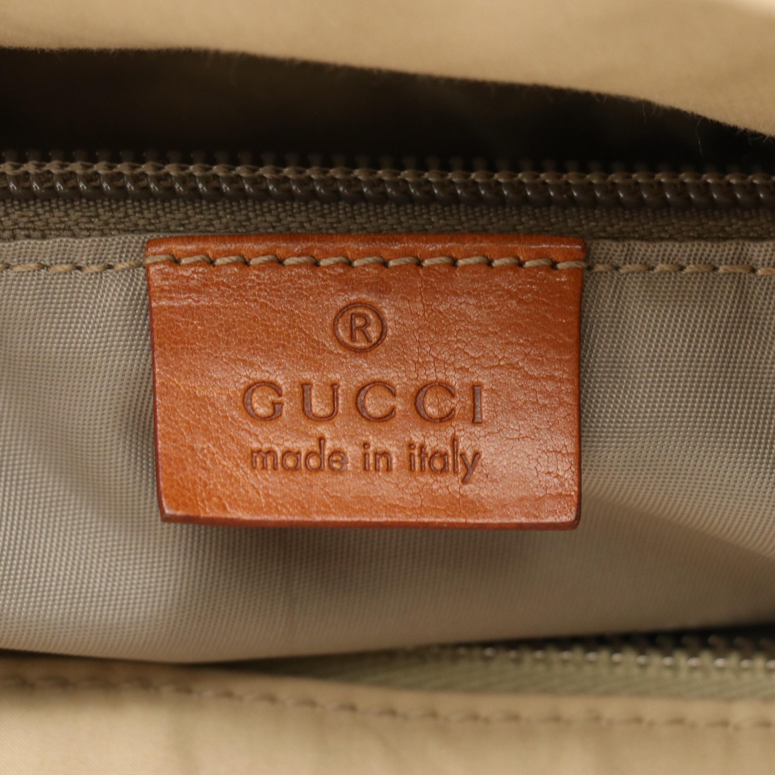 Gucci Beige Nylon Canvas Tote Bag with Brown Leather Trim and Web Stripe Accents