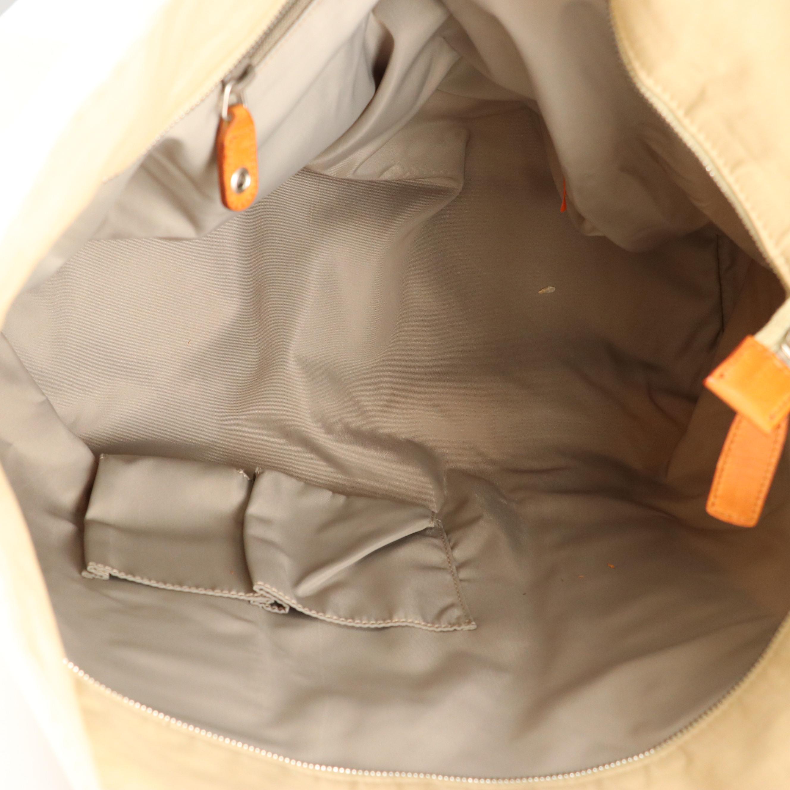 Gucci Beige Nylon Canvas Tote Bag with Brown Leather Trim and Web Stripe Accents