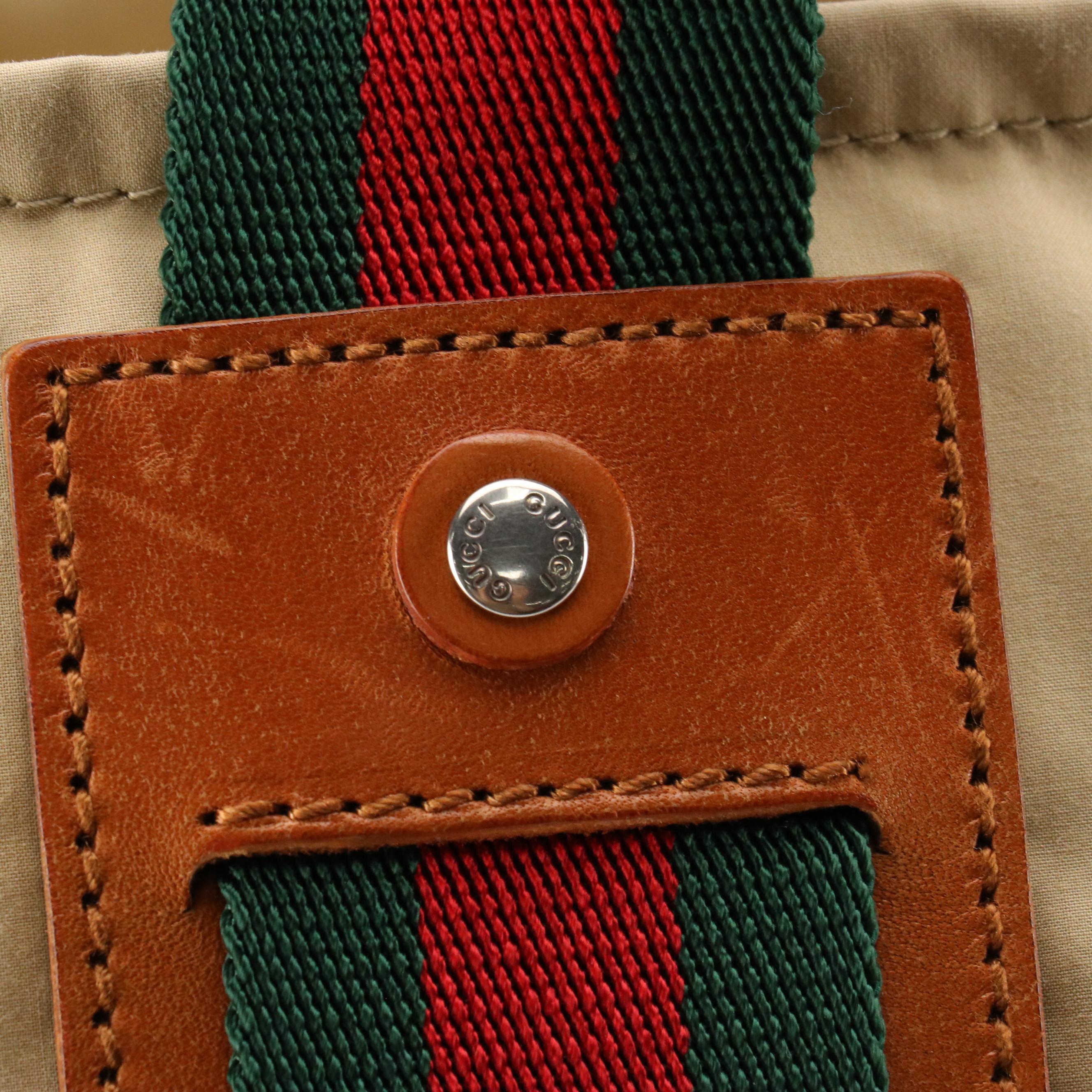 Gucci Beige Nylon Canvas Tote Bag with Brown Leather Trim and Web Stripe Accents