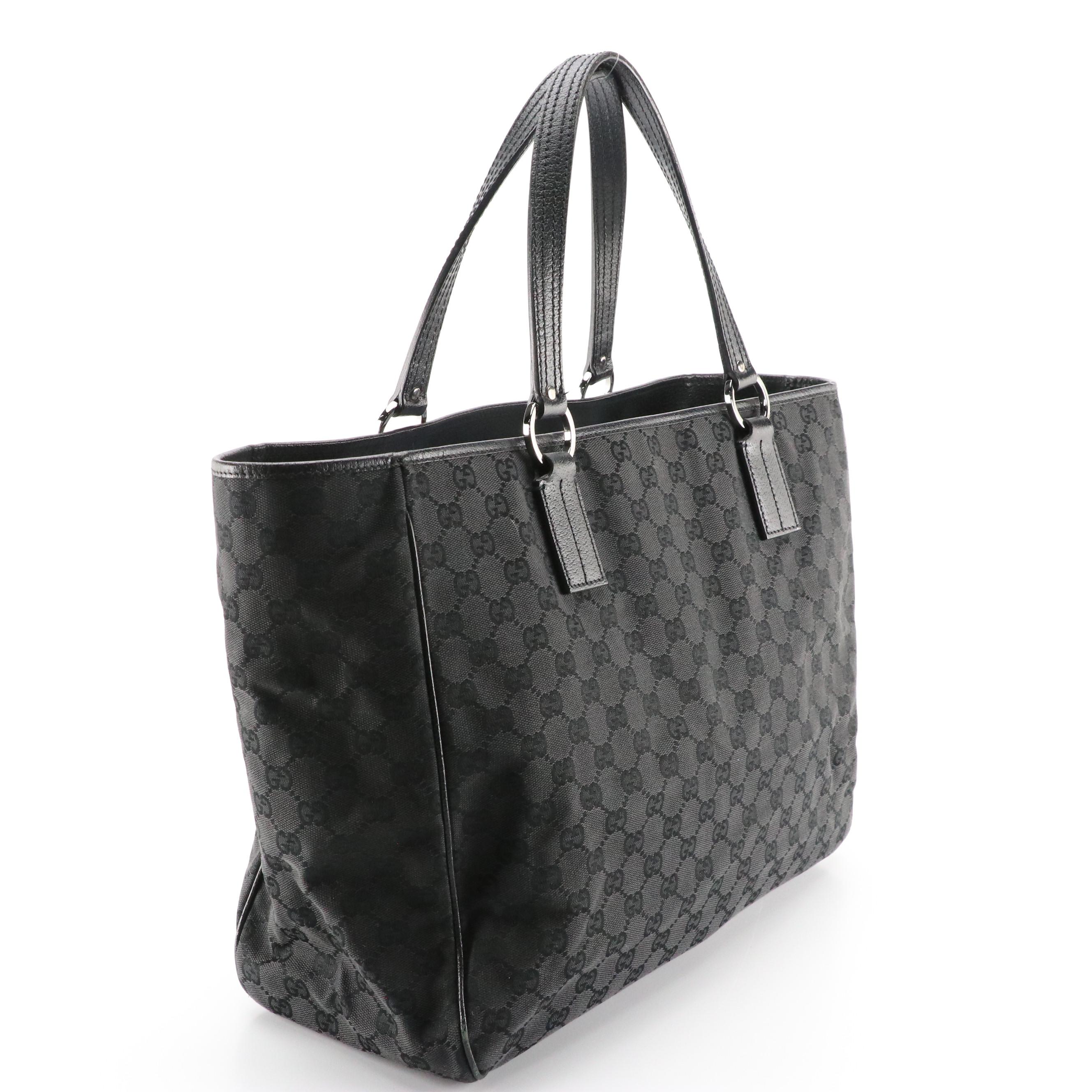 Gucci Leather-Trimmed Black GG Canvas Tote Bag