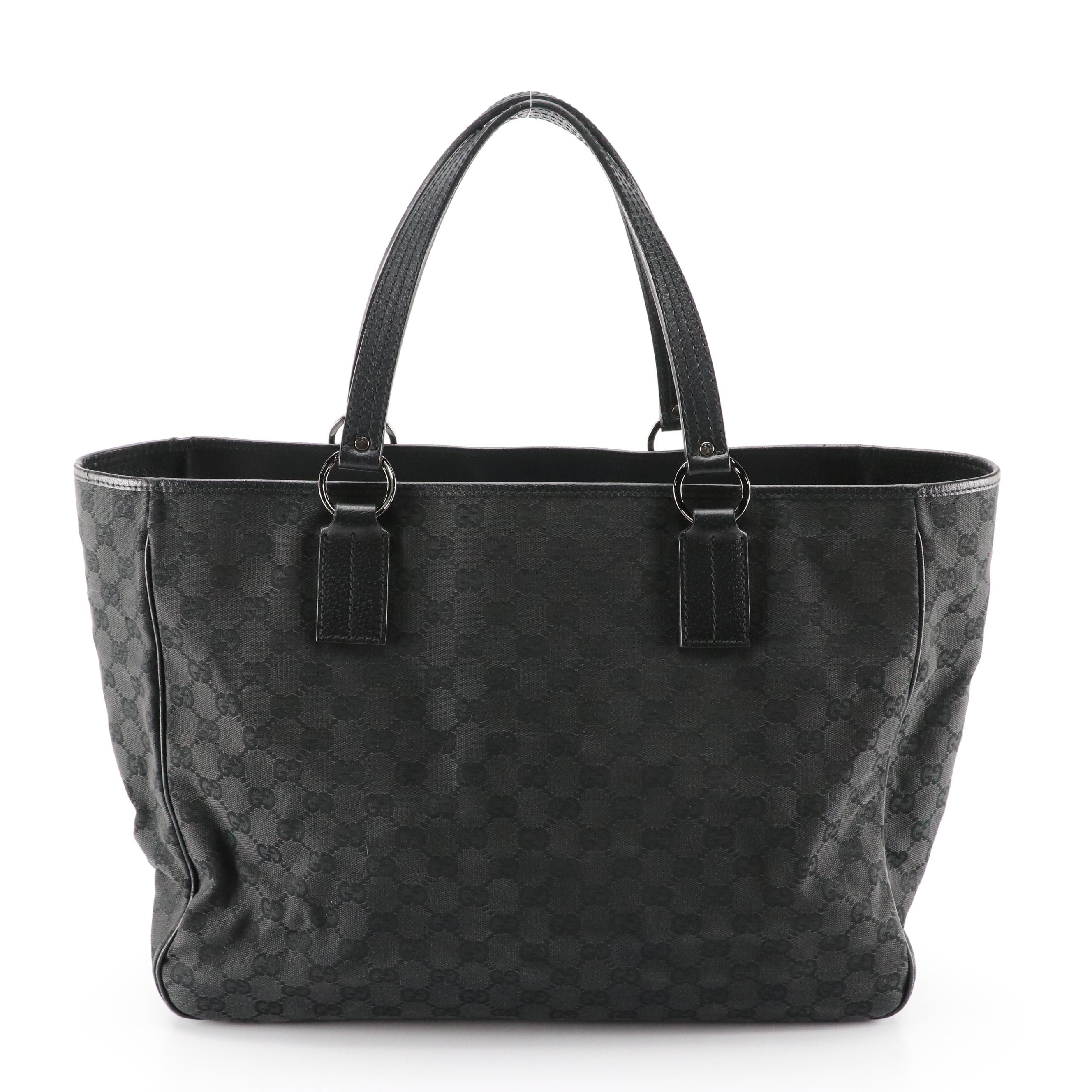 Gucci Leather-Trimmed Black GG Canvas Tote Bag