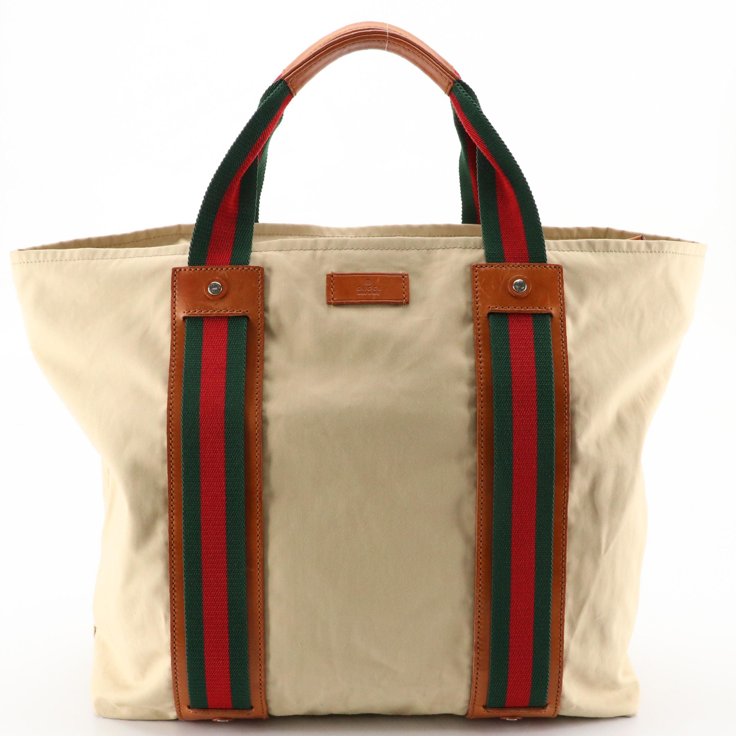 Gucci Beige Nylon Canvas Tote Bag with Brown Leather Trim and Web Stripe Accents