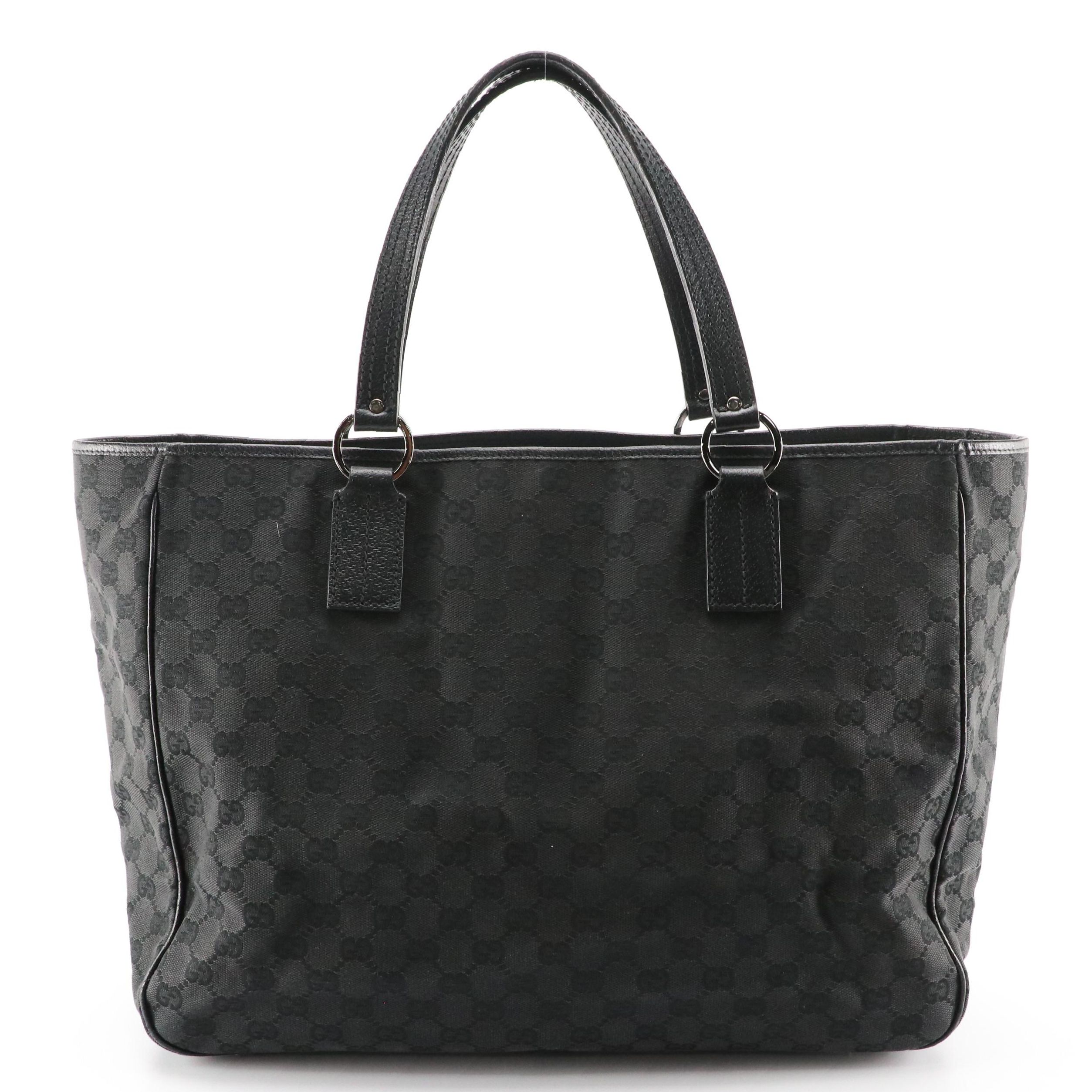 Gucci Leather-Trimmed Black GG Canvas Tote Bag