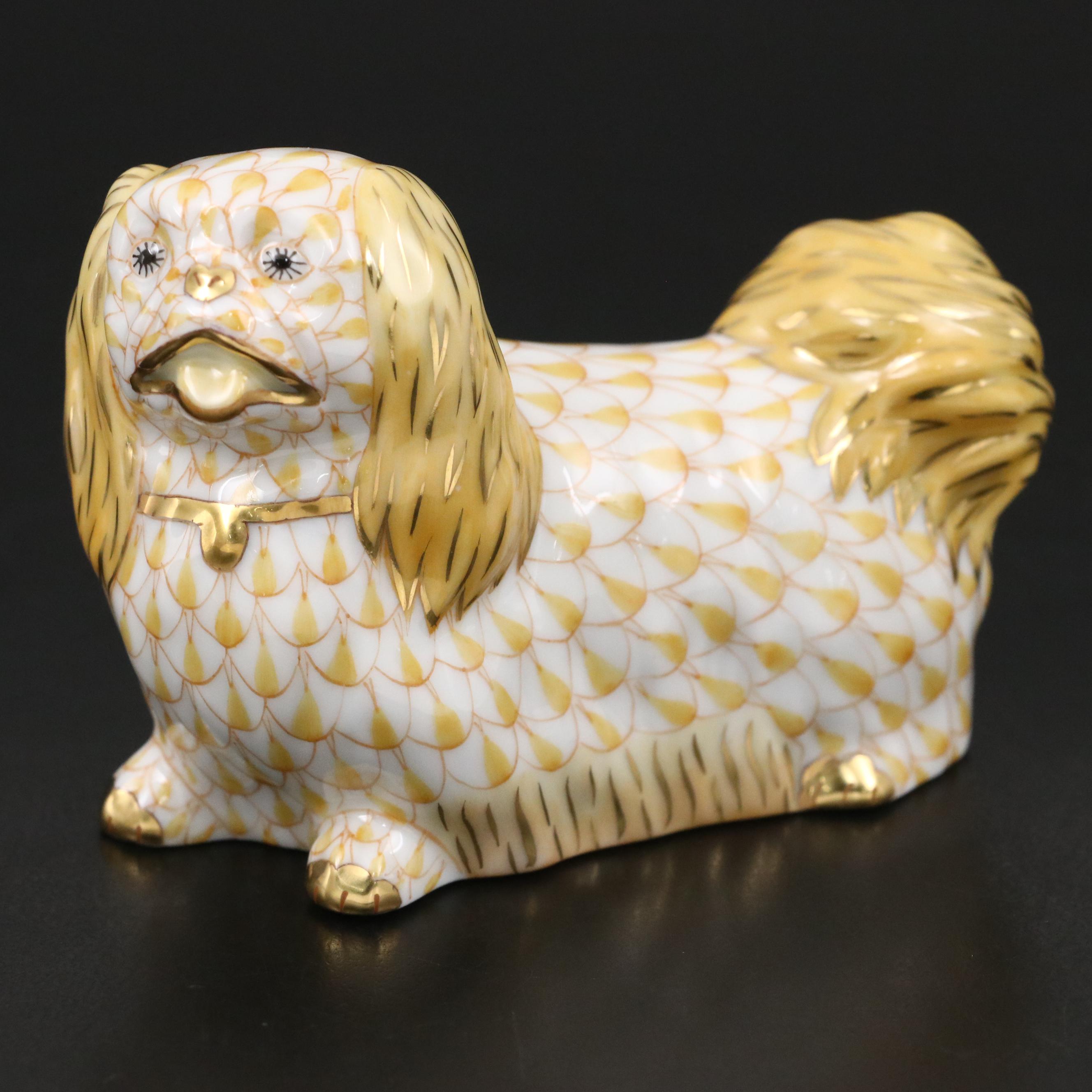 Herend Butterscotch Fishnet with Gold "Pekingese" Porcelain Figurine