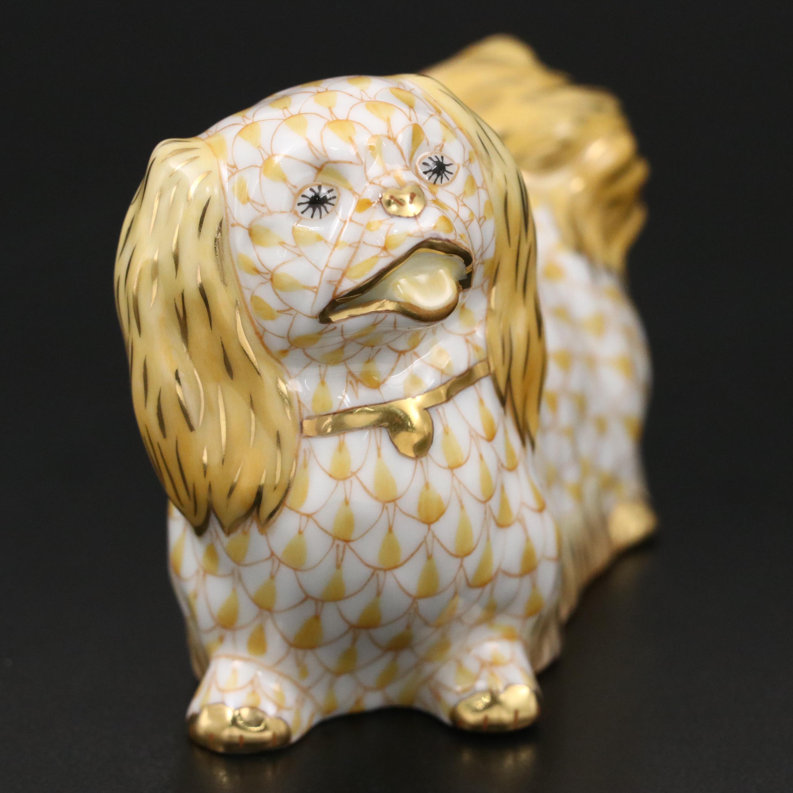 Herend Butterscotch Fishnet with Gold "Pekingese" Porcelain Figurine