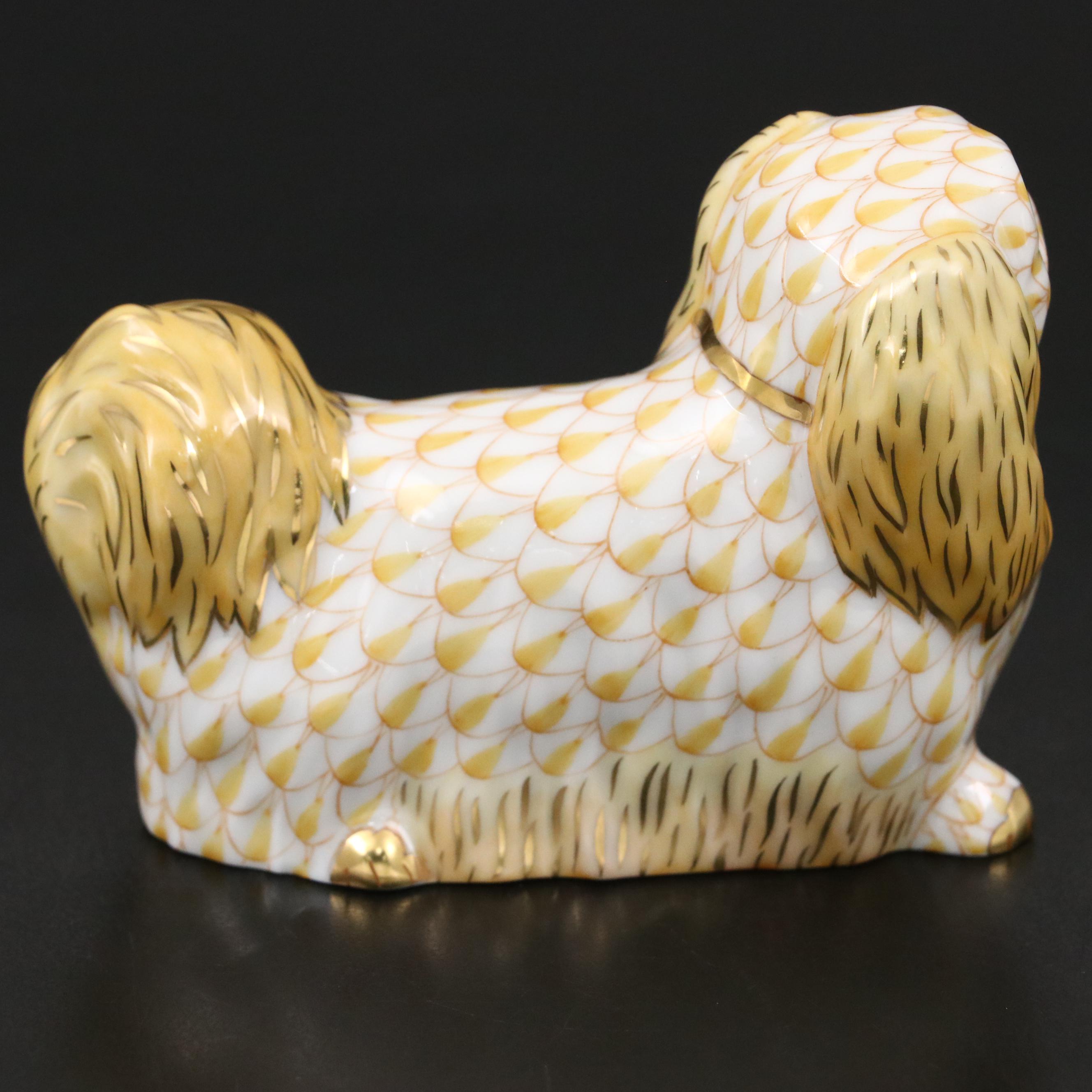 Herend Butterscotch Fishnet with Gold "Pekingese" Porcelain Figurine