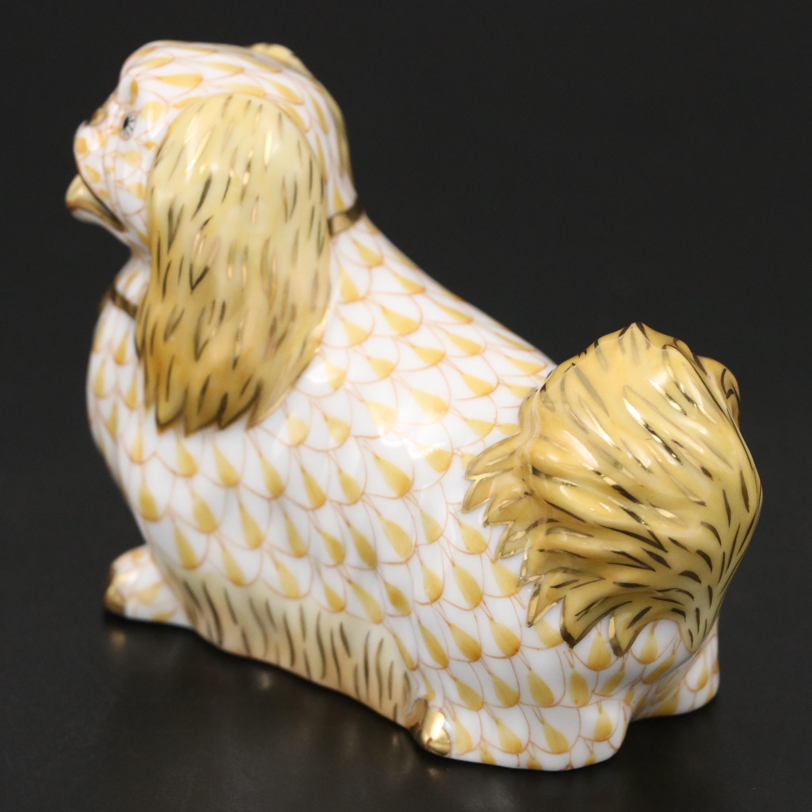 Herend Butterscotch Fishnet with Gold "Pekingese" Porcelain Figurine