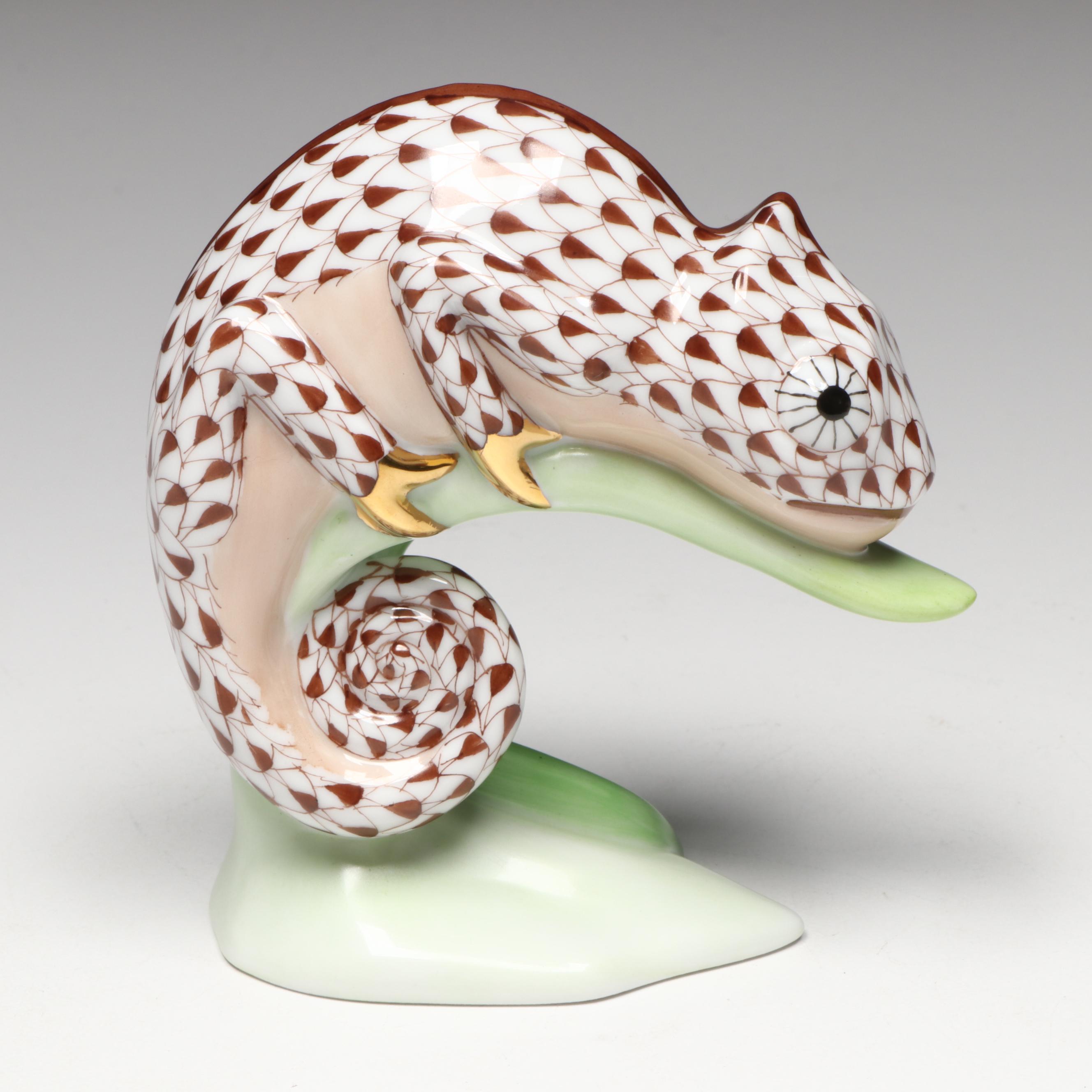 Herend Chocolate Fishnet with Gold "Chameleon" Porcelain Figurine