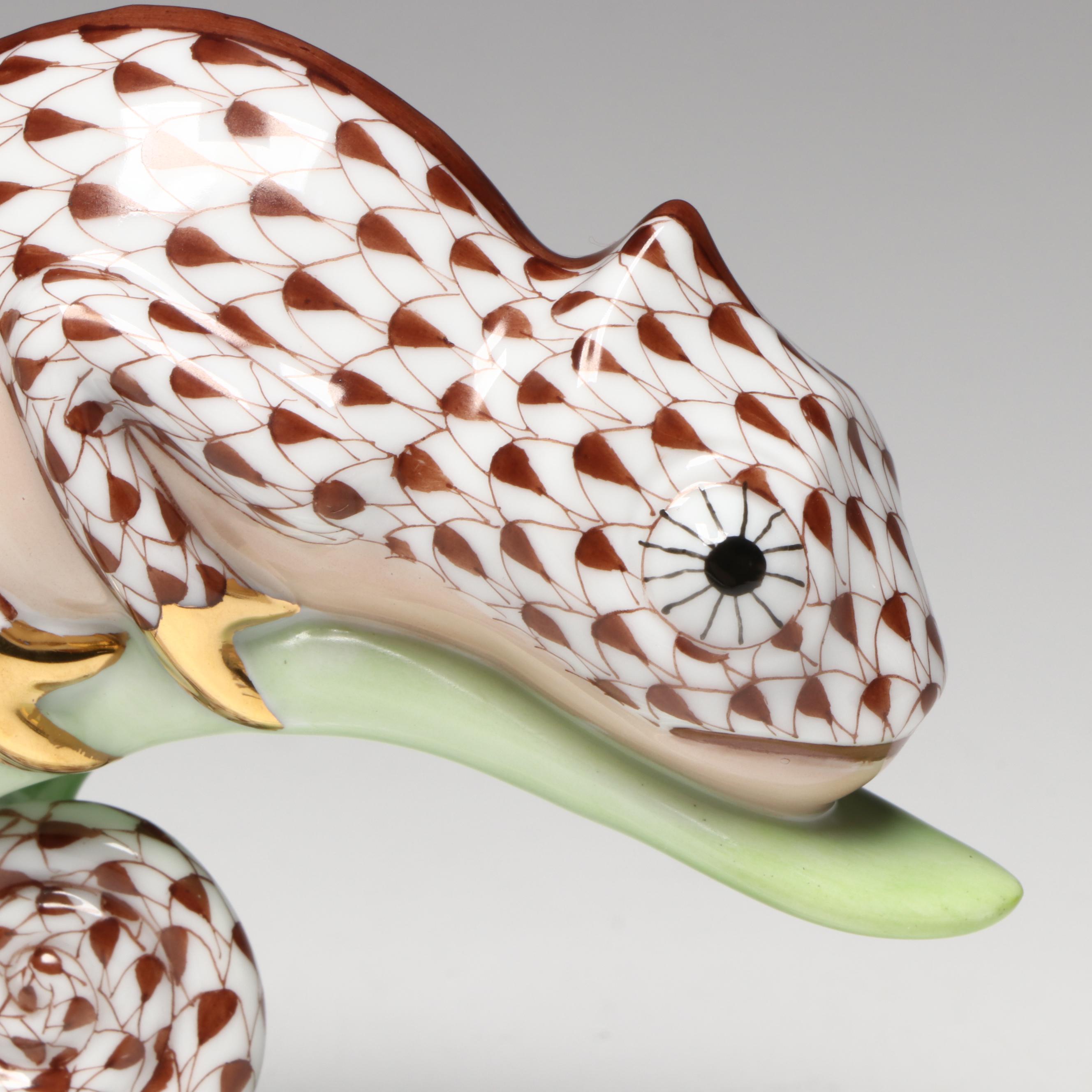 Herend Chocolate Fishnet with Gold "Chameleon" Porcelain Figurine